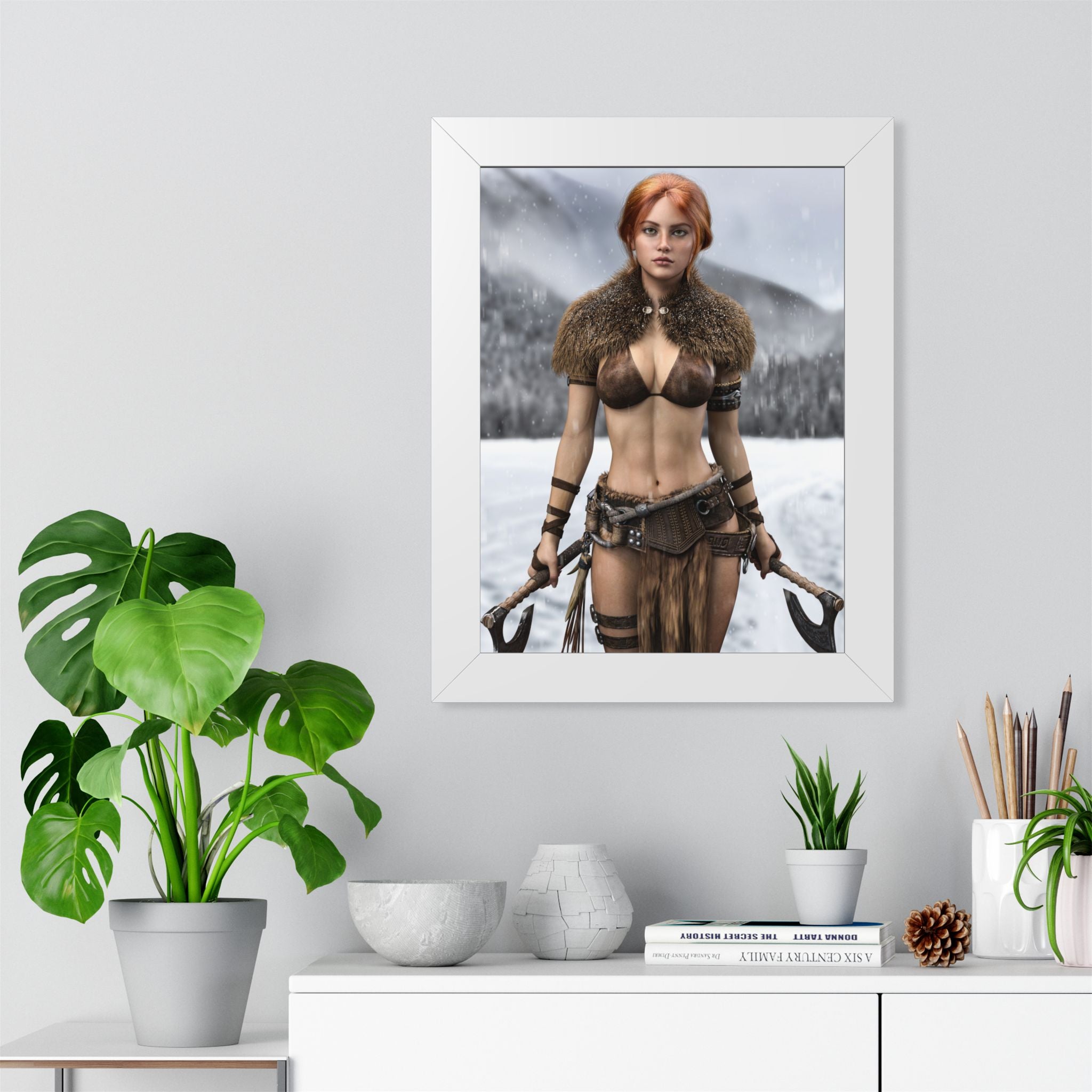 Viking Shieldmaiden Framed Poster — Redhead Warrior Art Print- No AI - Human created illustration art