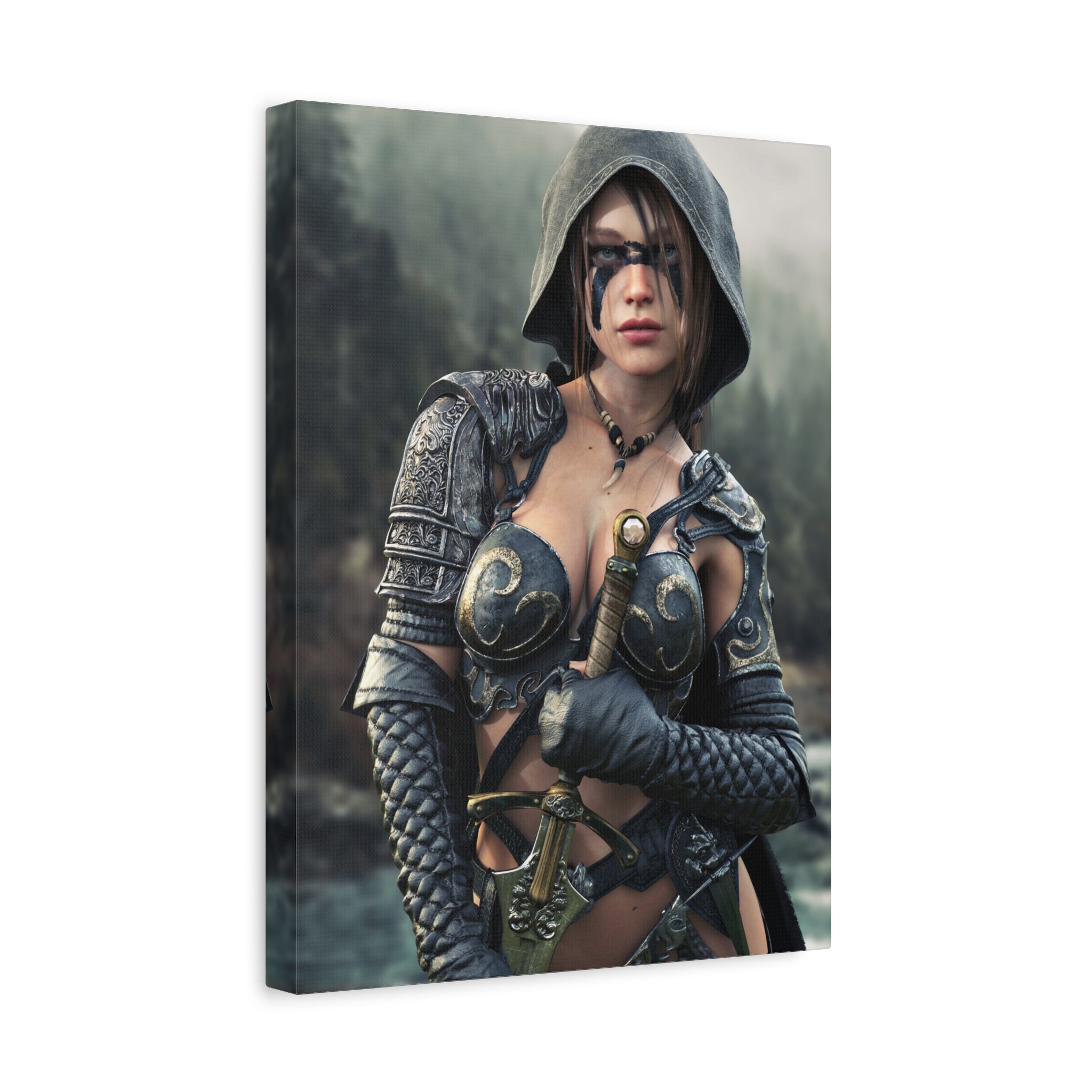 Fantasy ranger wall art featuring a hooded female warrior with face paint, ornate armor, and sword against a misty forest backdrop for fantasy decor.