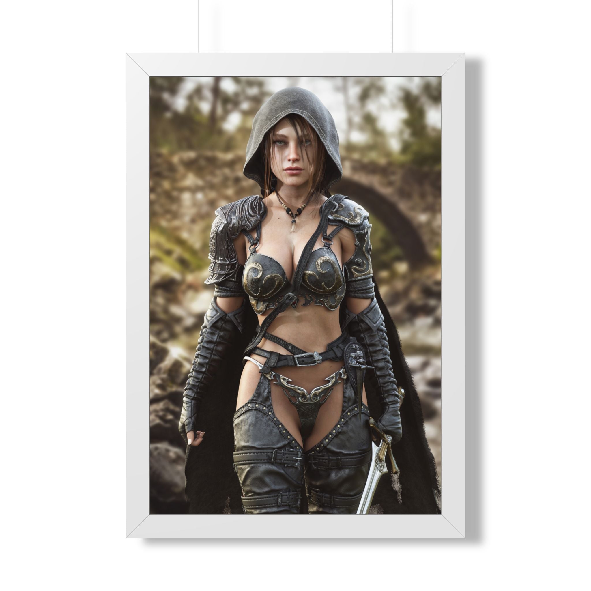 Framed Poster — Fantasy Warrior Woman Ranger Art Print (Vertical) - No AI- Human created illustration art