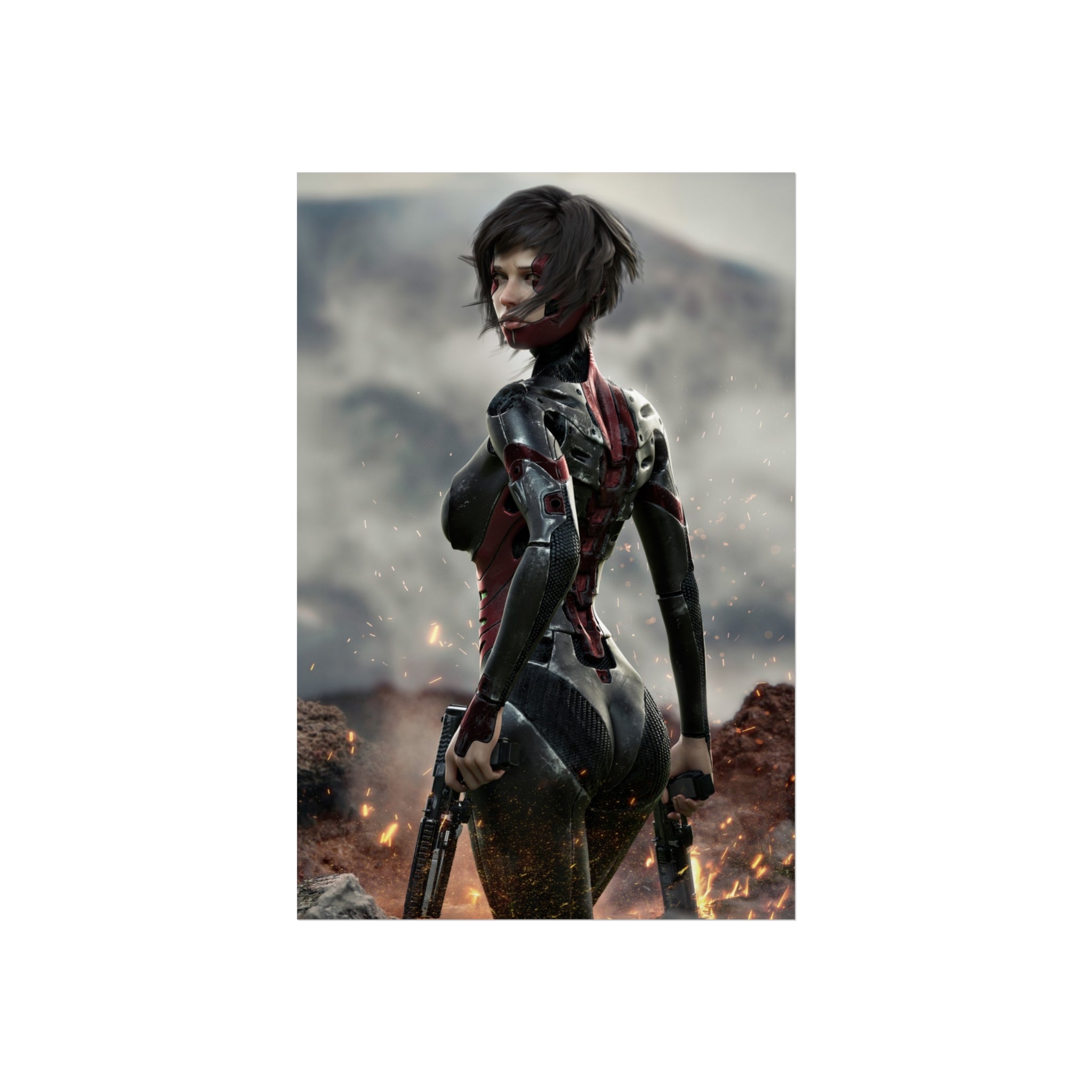 Sci‑Fi Warrior Fine Art Poster — Cybernetic Female Soldier Wall Art- No AI - Human created illustration art