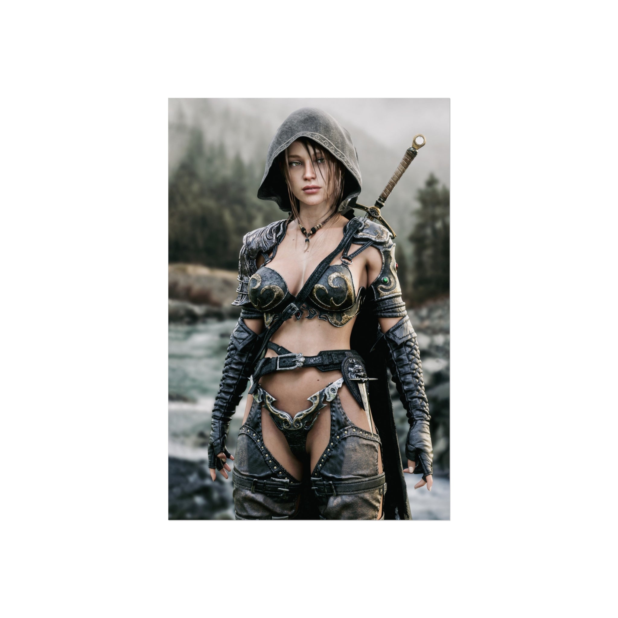 Fantasy Warrior Fine Art Poster — Hooded Female Swordfighter Print - No AI- Human created illustration art