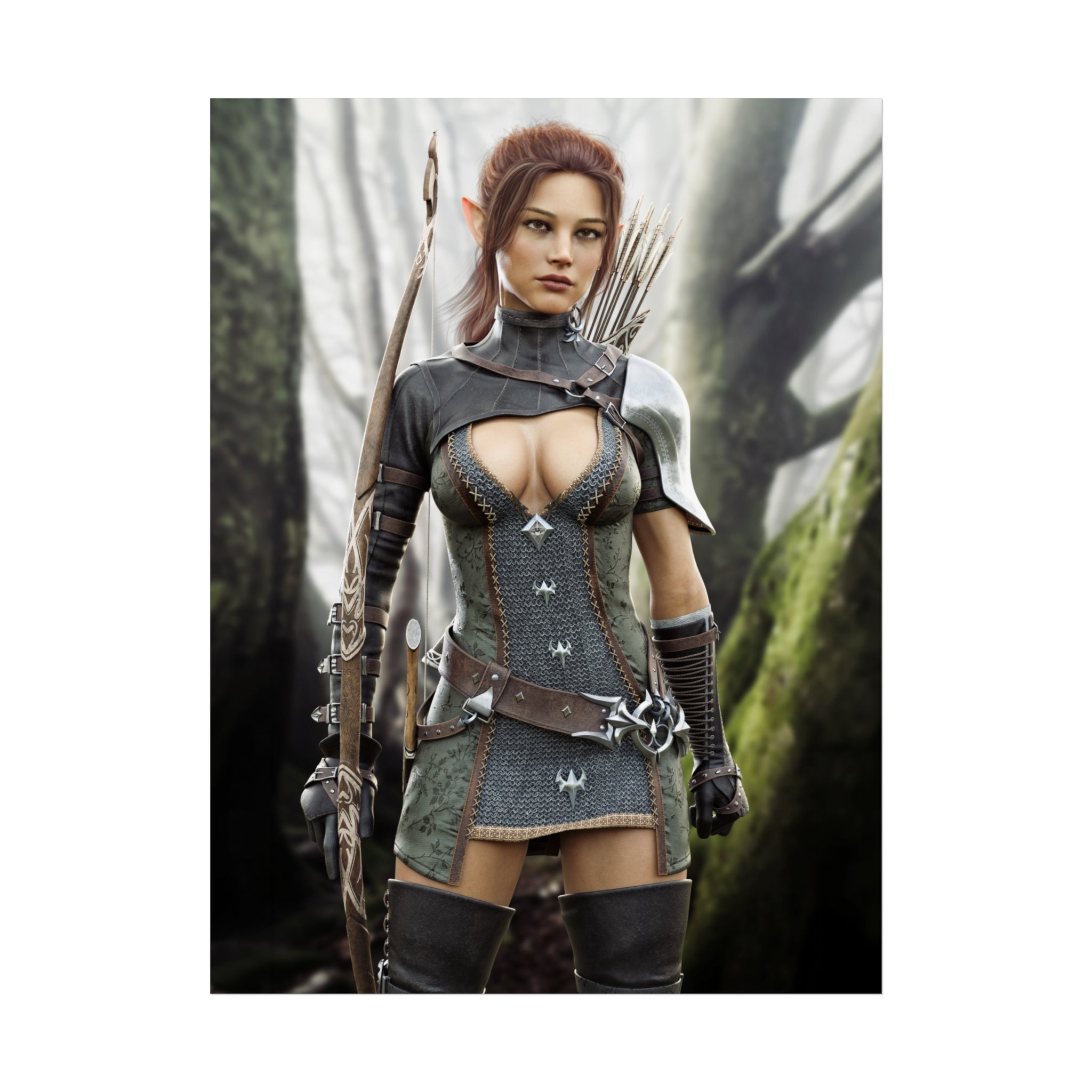 Fantasy Wood Elf Archer Warrior Fine Art Poster — Female Ranger Wall Art- No AI- Human created illustration art
