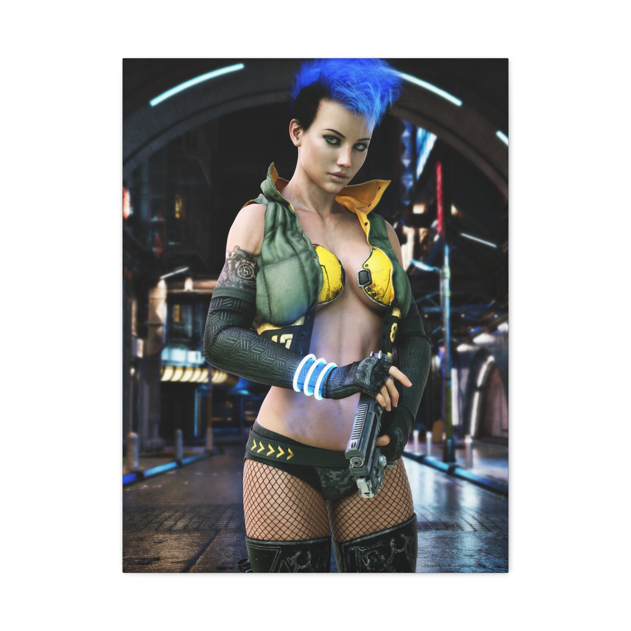 Cyberpunk Femme Fatale Canvas Print — Matte Stretched Wall Art -No AI- Human created illustration art