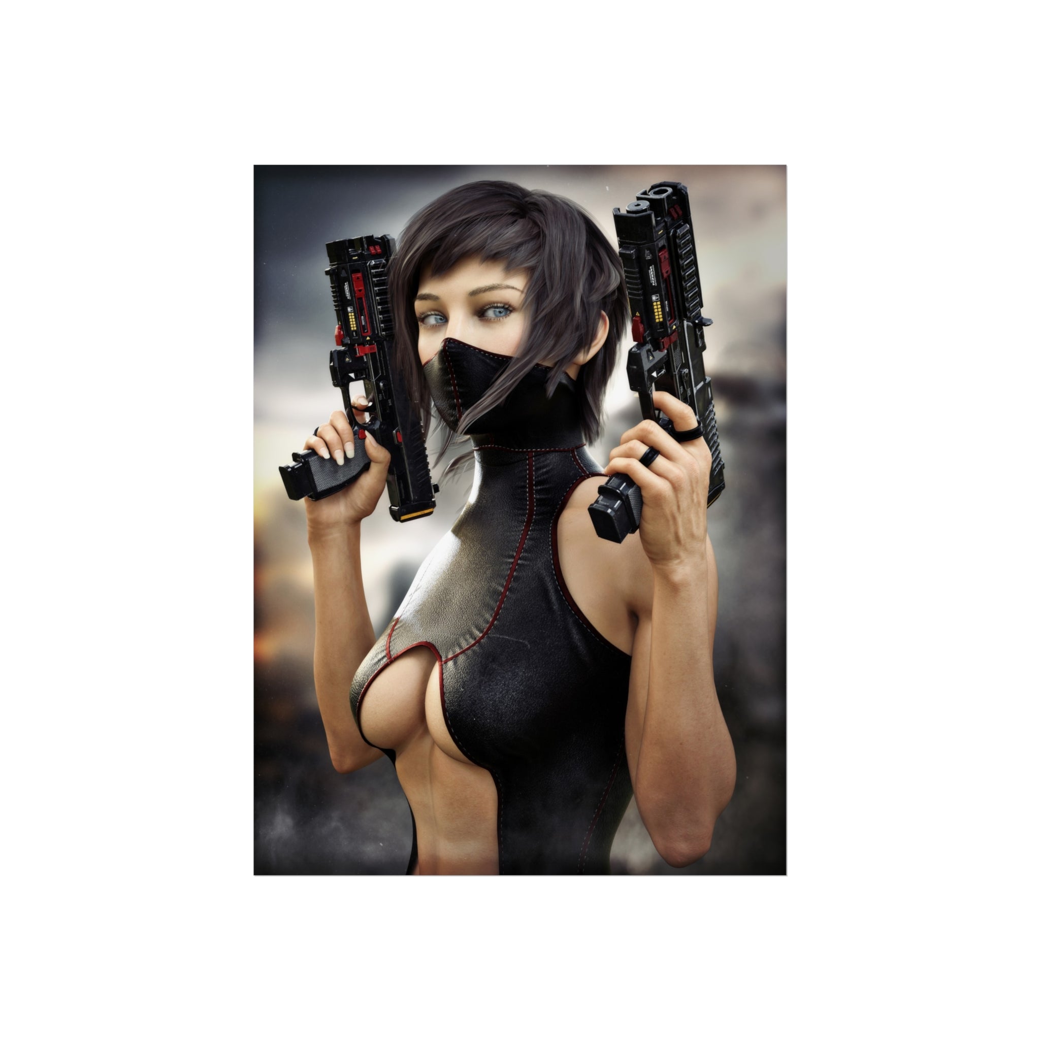 Cyberpunk Assassin Fine Art Poster — Futuristic Female Gunslinger Wall Art- No AI -Human created illustration art