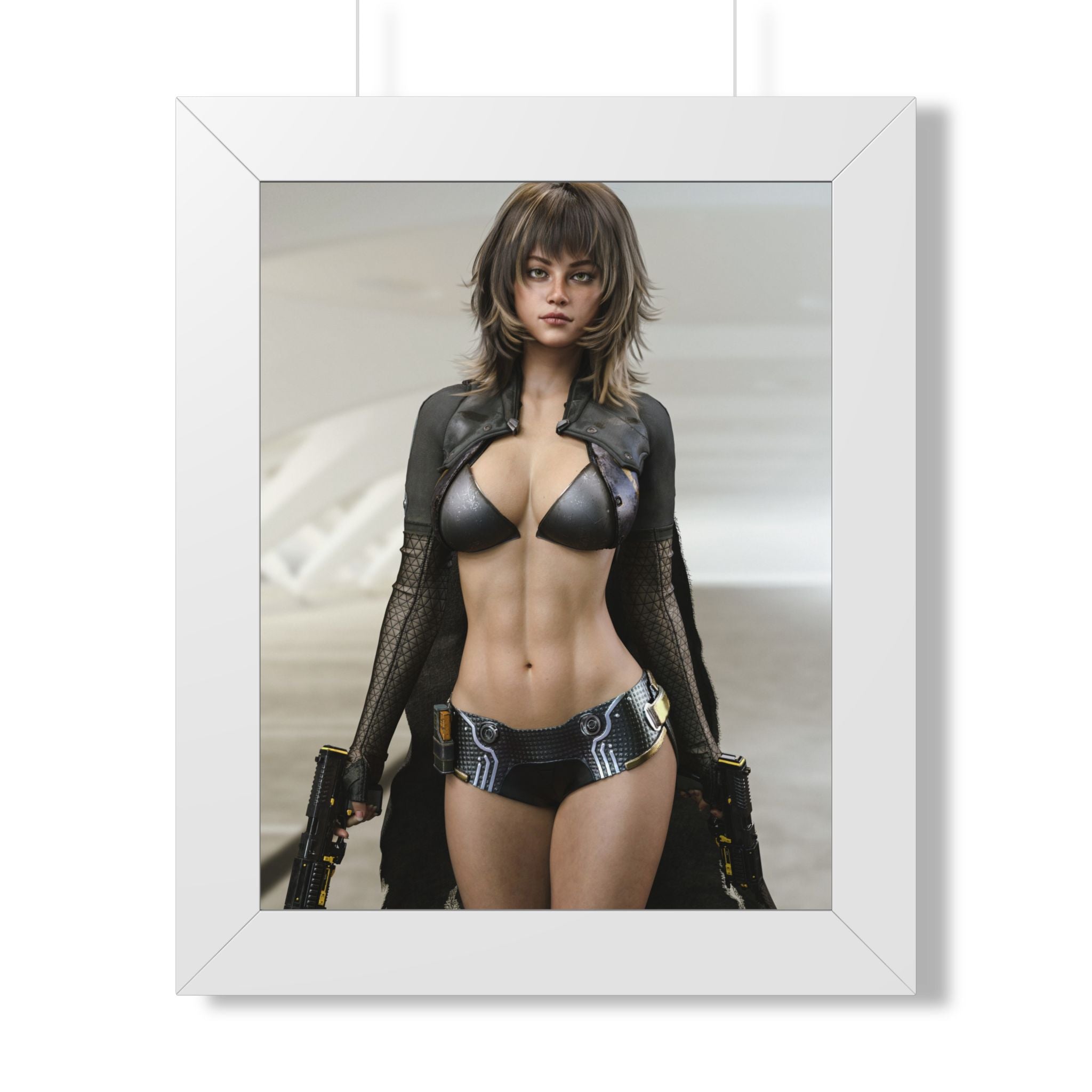 Framed Poster — Futuristic Female Warrior Art Print- No AI - Human created illustration art