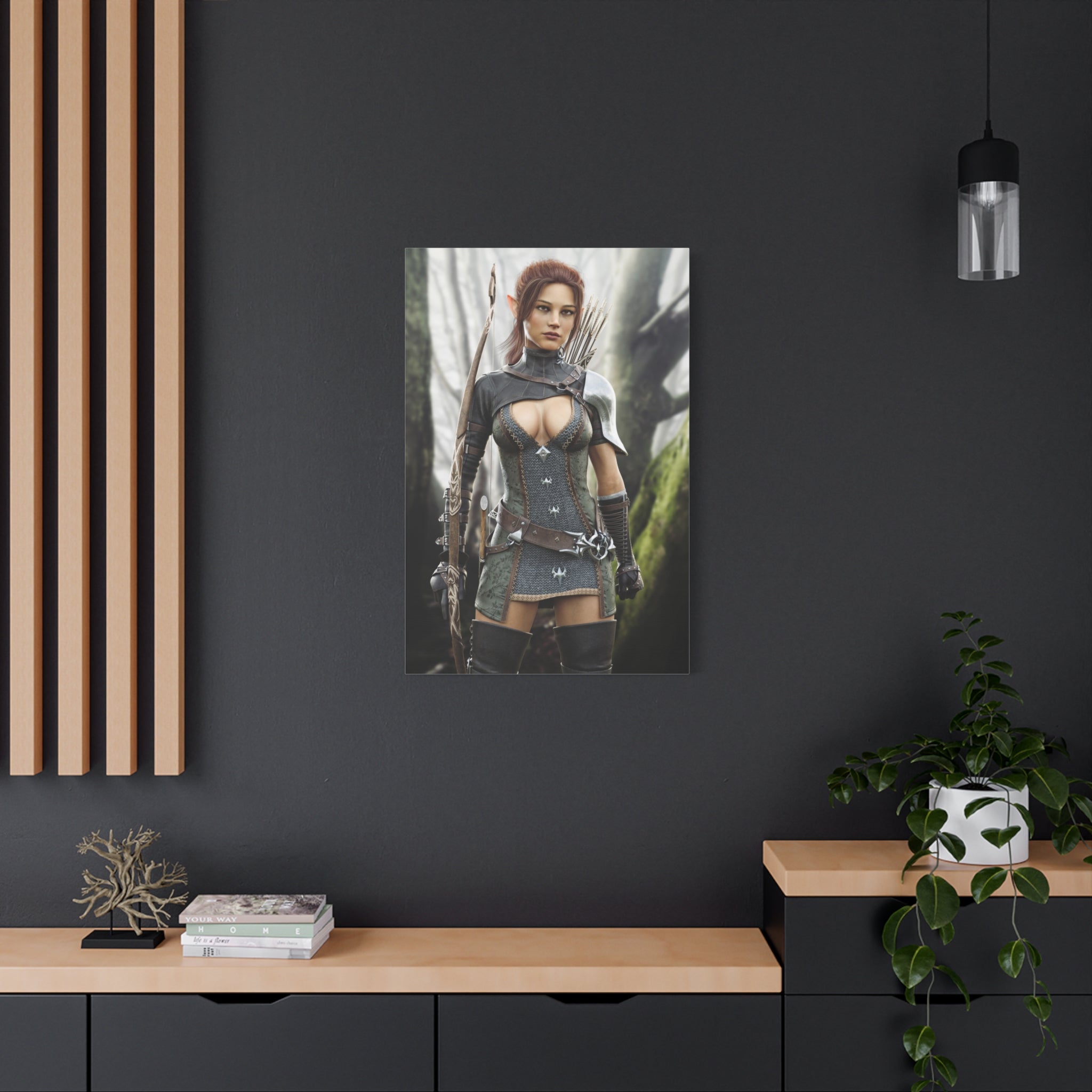 Fantasy Wood Elf Archer Warrior Canvas Print — Matte Stretched Wall Art - No Ai - human created illustration art