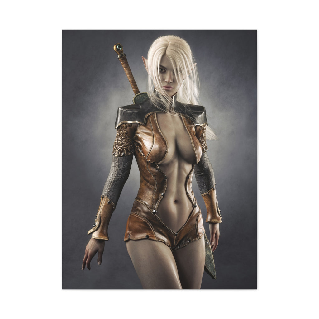 Fantasy Warrior Elf Canvas Print — Sexy Female Swordfighter Matte Stretched Art- No AI- Human created illuration art