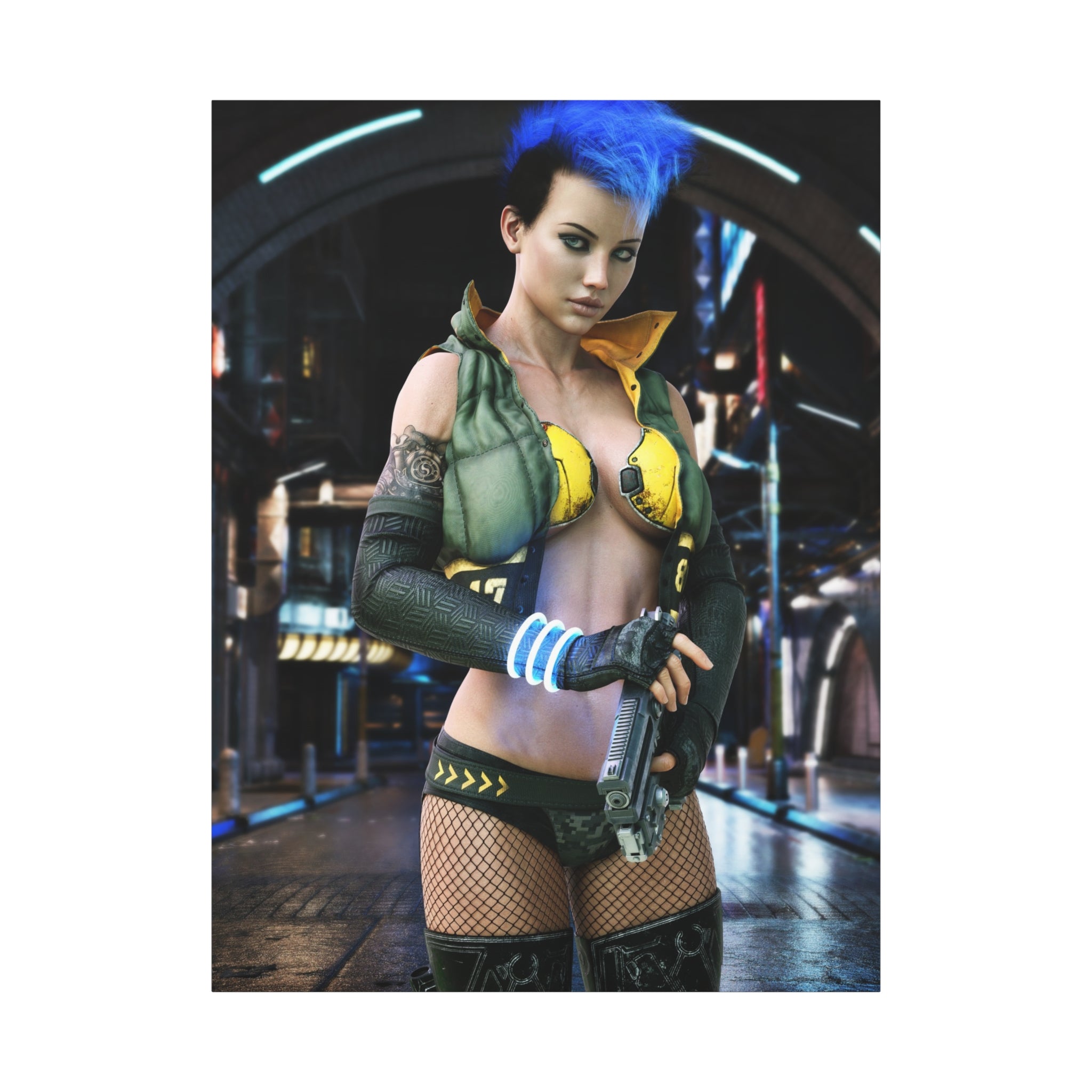 Cyberpunk Femme Fatale Canvas Print — Matte Stretched Wall Art -No AI- Human created illustration art