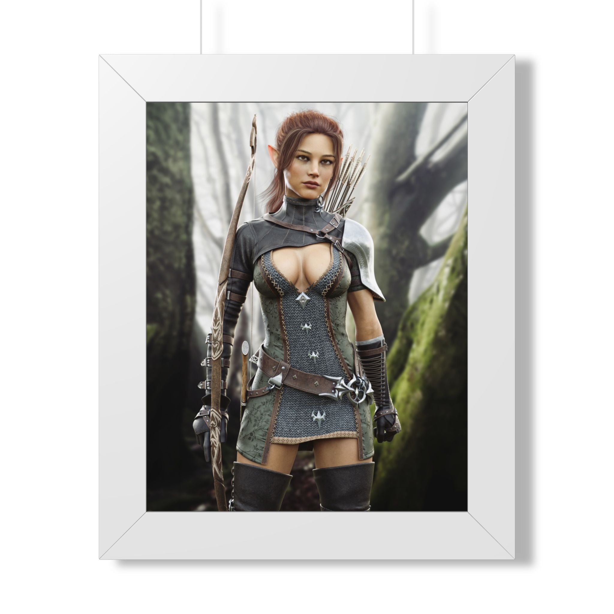 Fantasy Wood Elf Archer Framed Poster — Female Ranger Wall Art - No AI human created illustration art