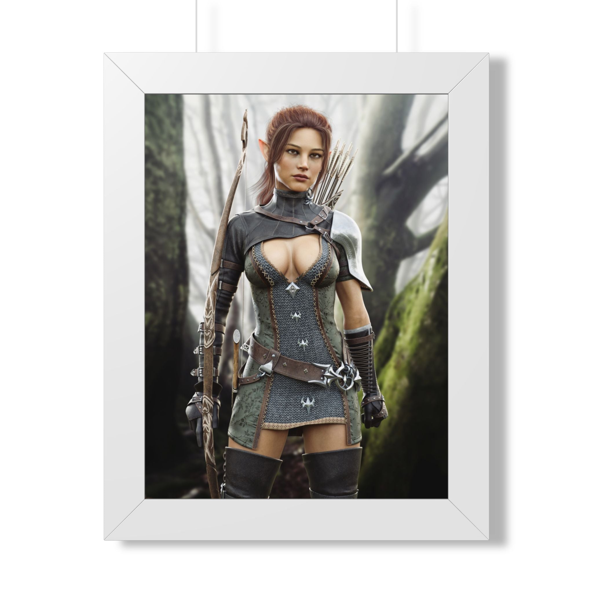 Fantasy Wood Elf Archer Framed Poster — Female Ranger Wall Art - No AI human created illustration art