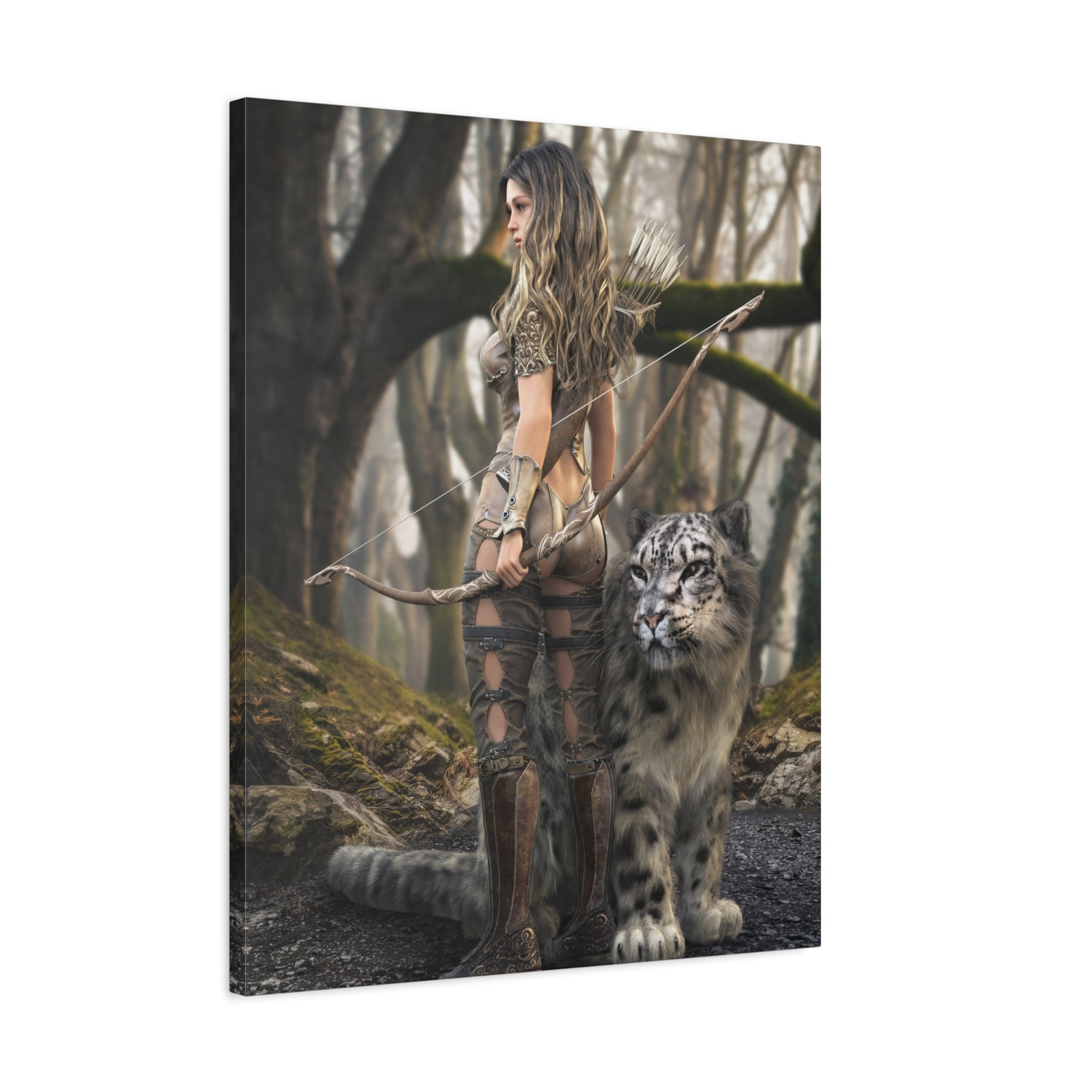 Fantasy Archer Warrior with  Leopard - Matte Stretched Canvas Wall Art - No ai - human created illustration art
