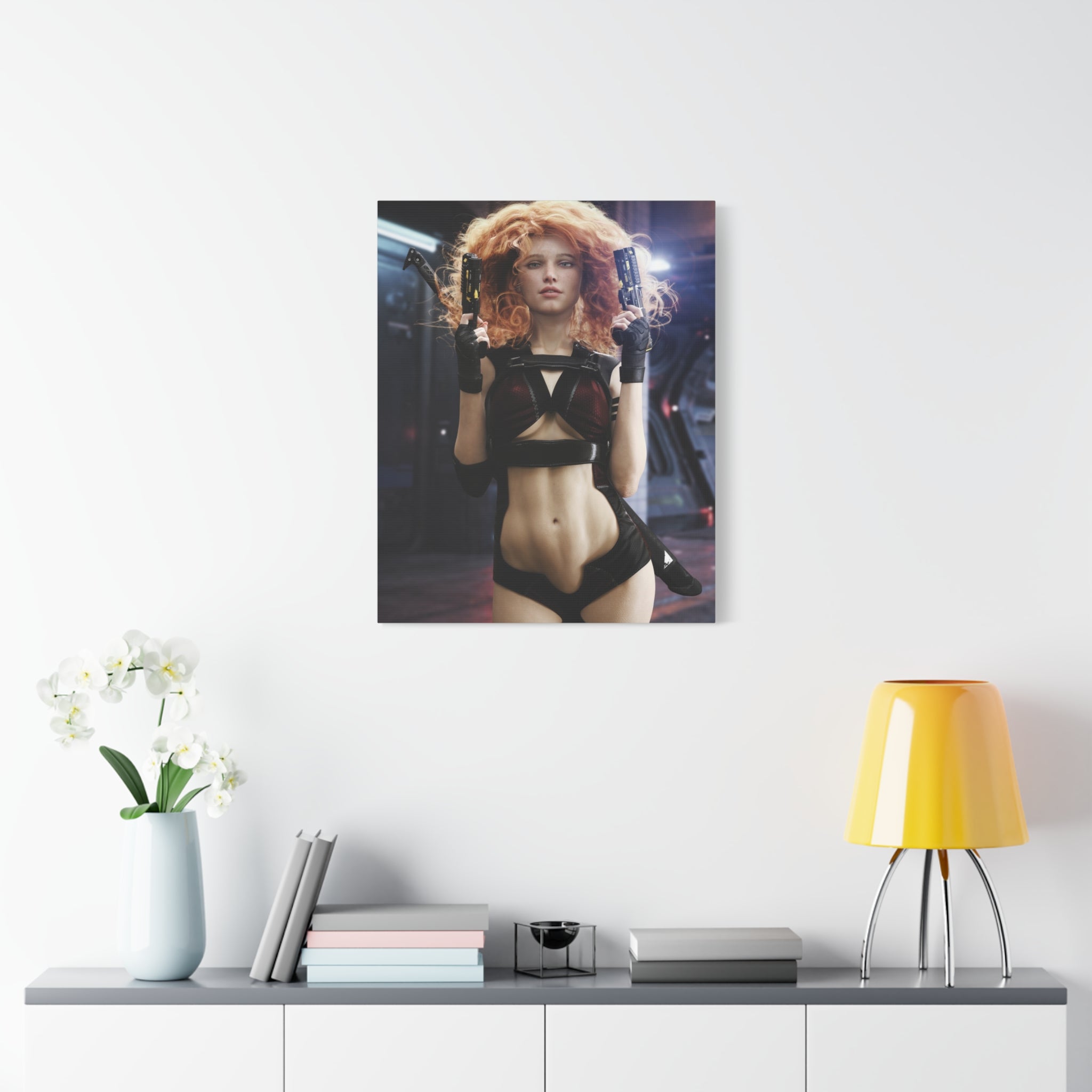 Sci‑Fi Femme Fatale Canvas Print — Red‑Haired Space Gunslinger Matte Stretched- No AI - Human created illustration art