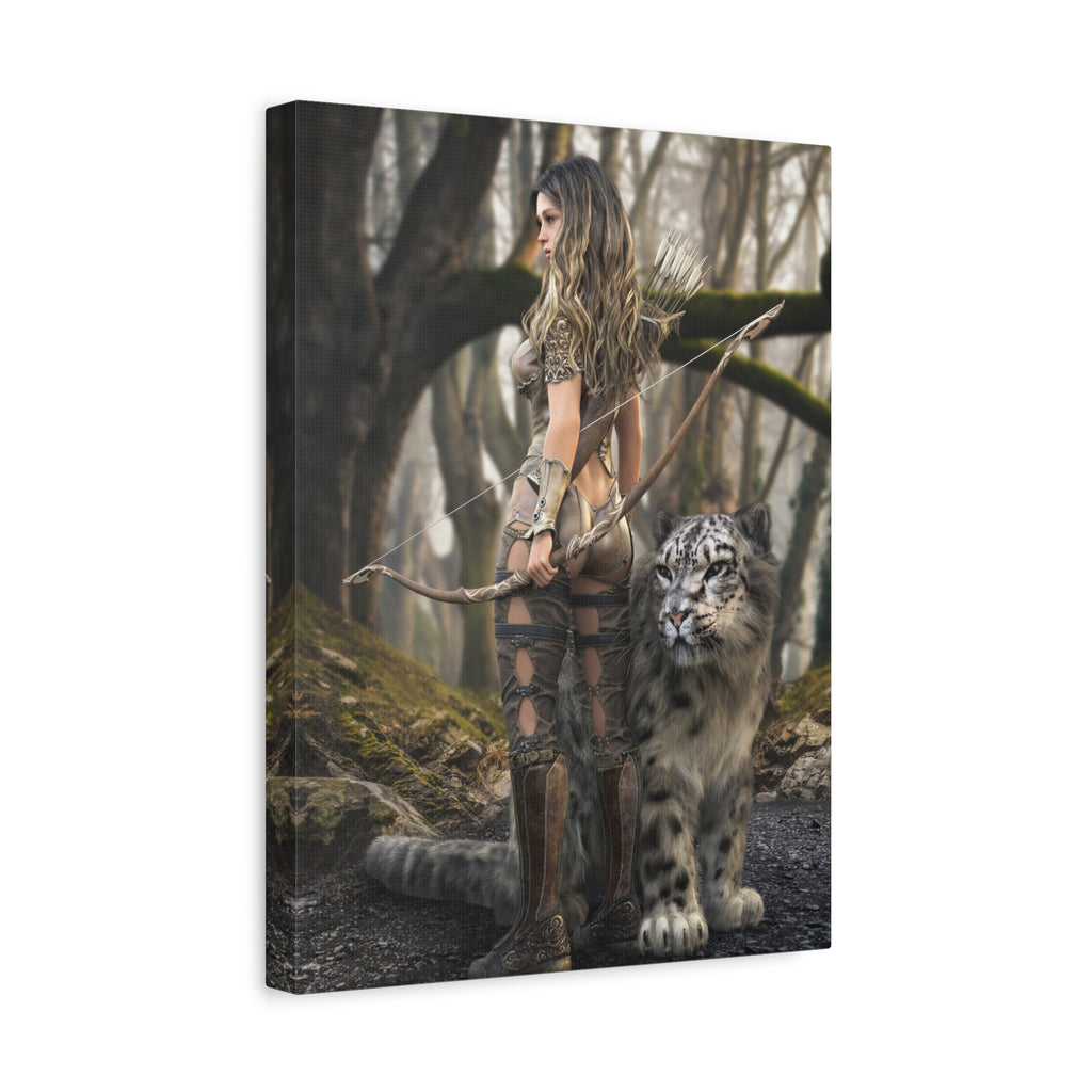 Fantasy Archer Warrior with  Leopard - Matte Stretched Canvas Wall Art - No ai - human created illustration art