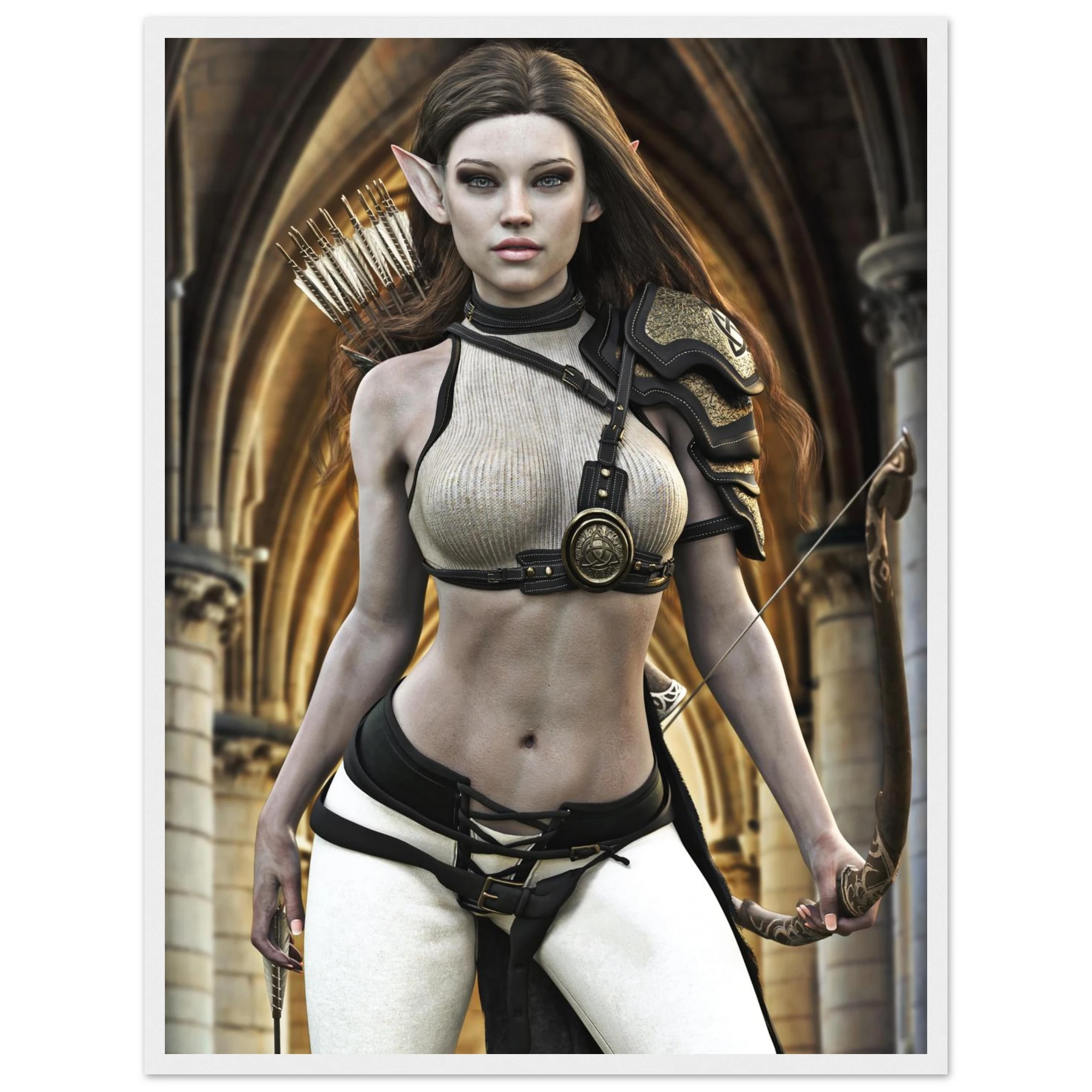 Handcrafted Elven Archer wall art featuring a graceful female elf ranger carrying an ornate longbow and quiver of arrows before majestic medieval arches. Fantasy artwork perfect for gaming rooms, RPG fans, archery enthusiasts, and medieval fantasy décor.