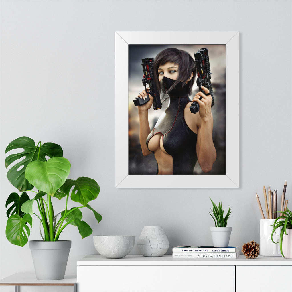 Framed Poster — Cyberpunk Female Assassin Art Print - No AI - Human created illustration art