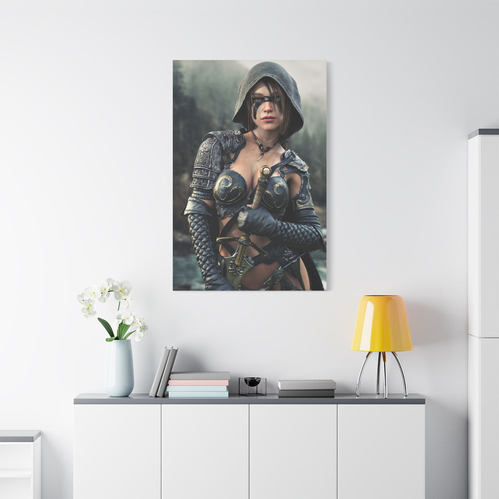 Fantasy ranger wall art featuring a hooded female warrior with face paint, ornate armor, and sword against a misty forest backdrop for fantasy decor.