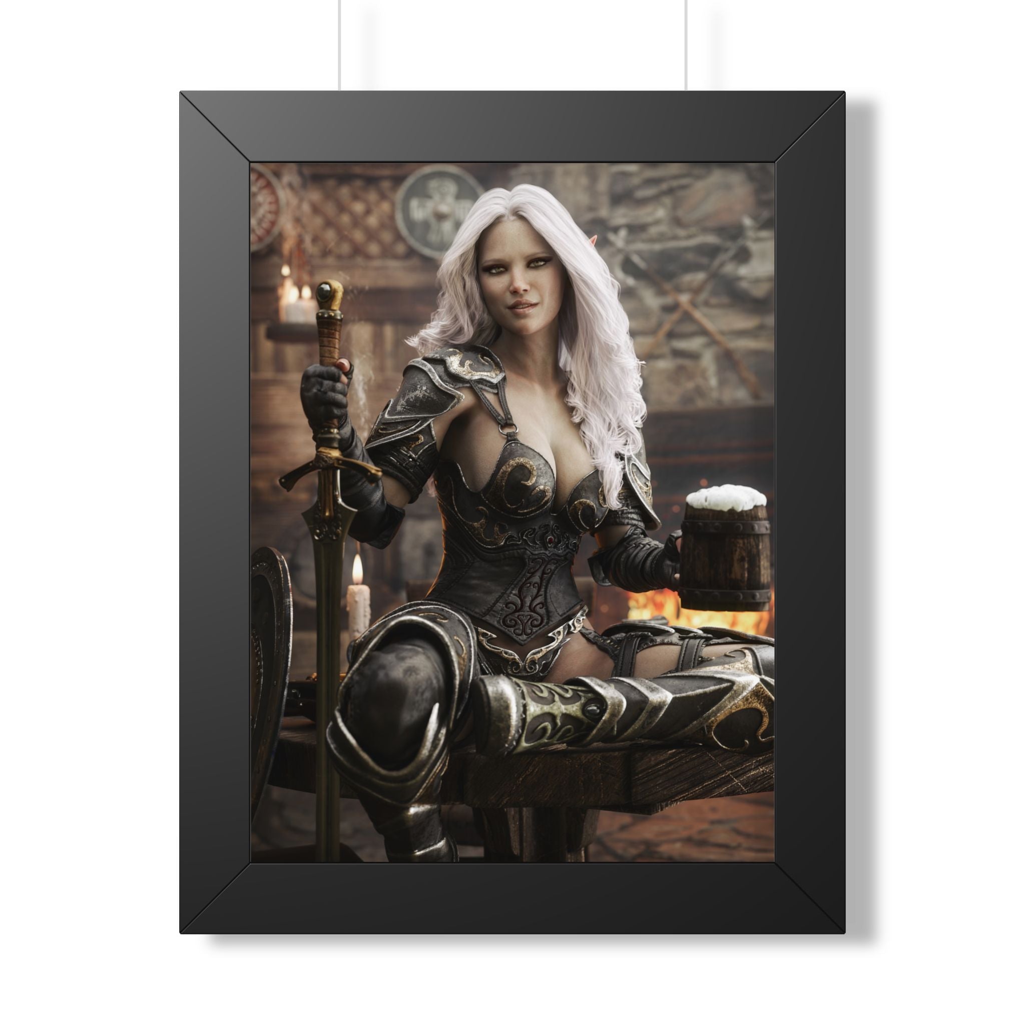 Fantasy Warrior Woman Framed Poster — Medieval Armor in Tavern Art Print- No AI- Human created illustration art