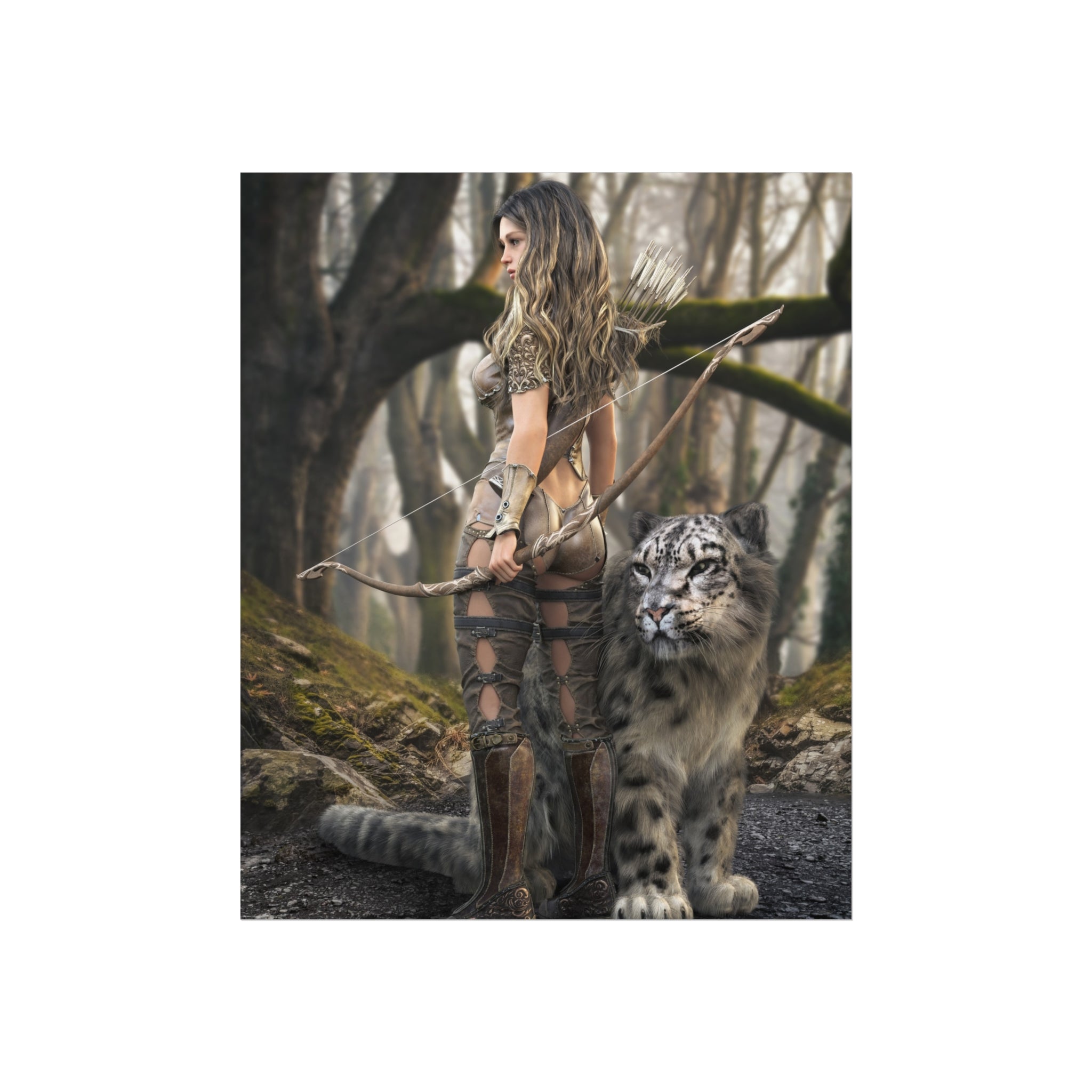Warrior Archer &  leopard Fine Art Poster - Fantasy Forest Wall Art