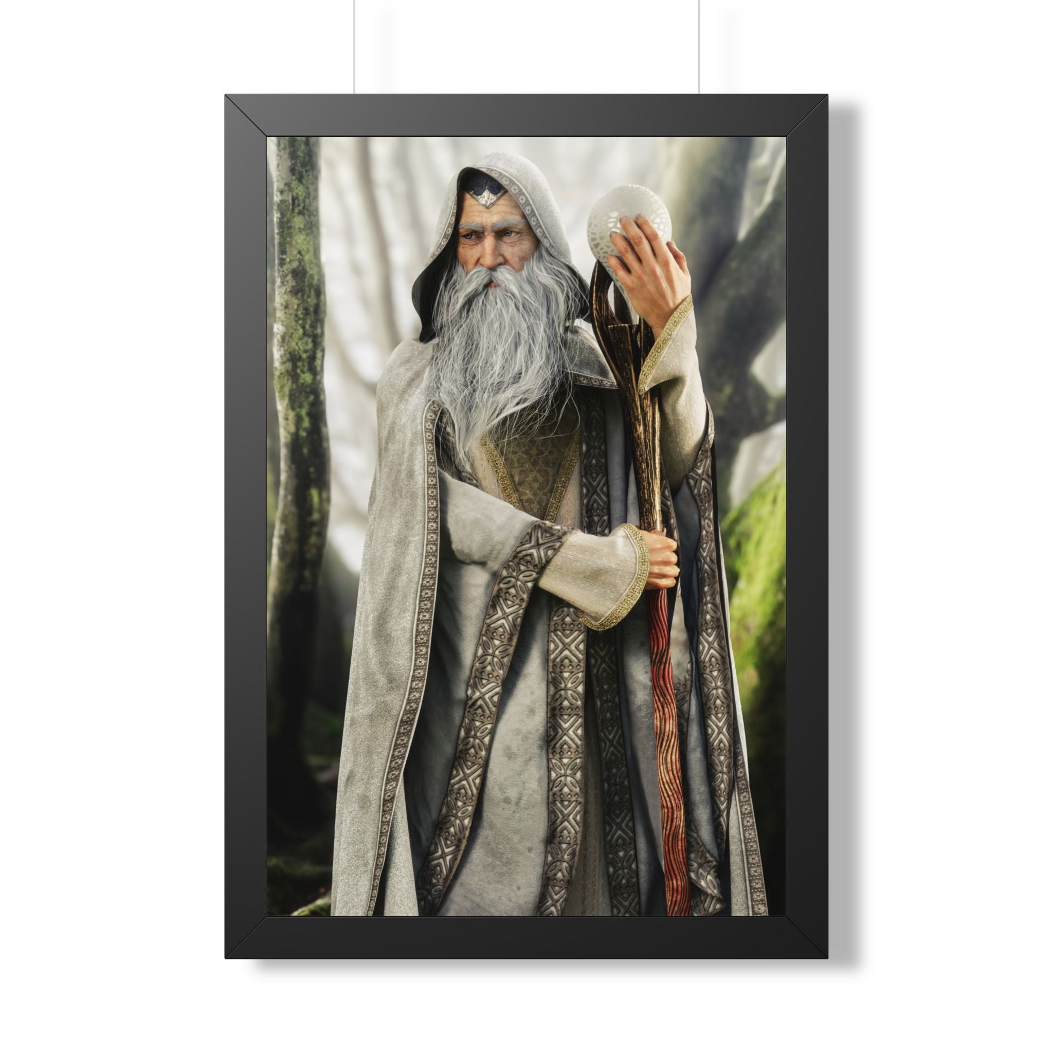 Framed Poster — Wise Wizard with Staff Fantasy Art- No ai - Human created illustration art