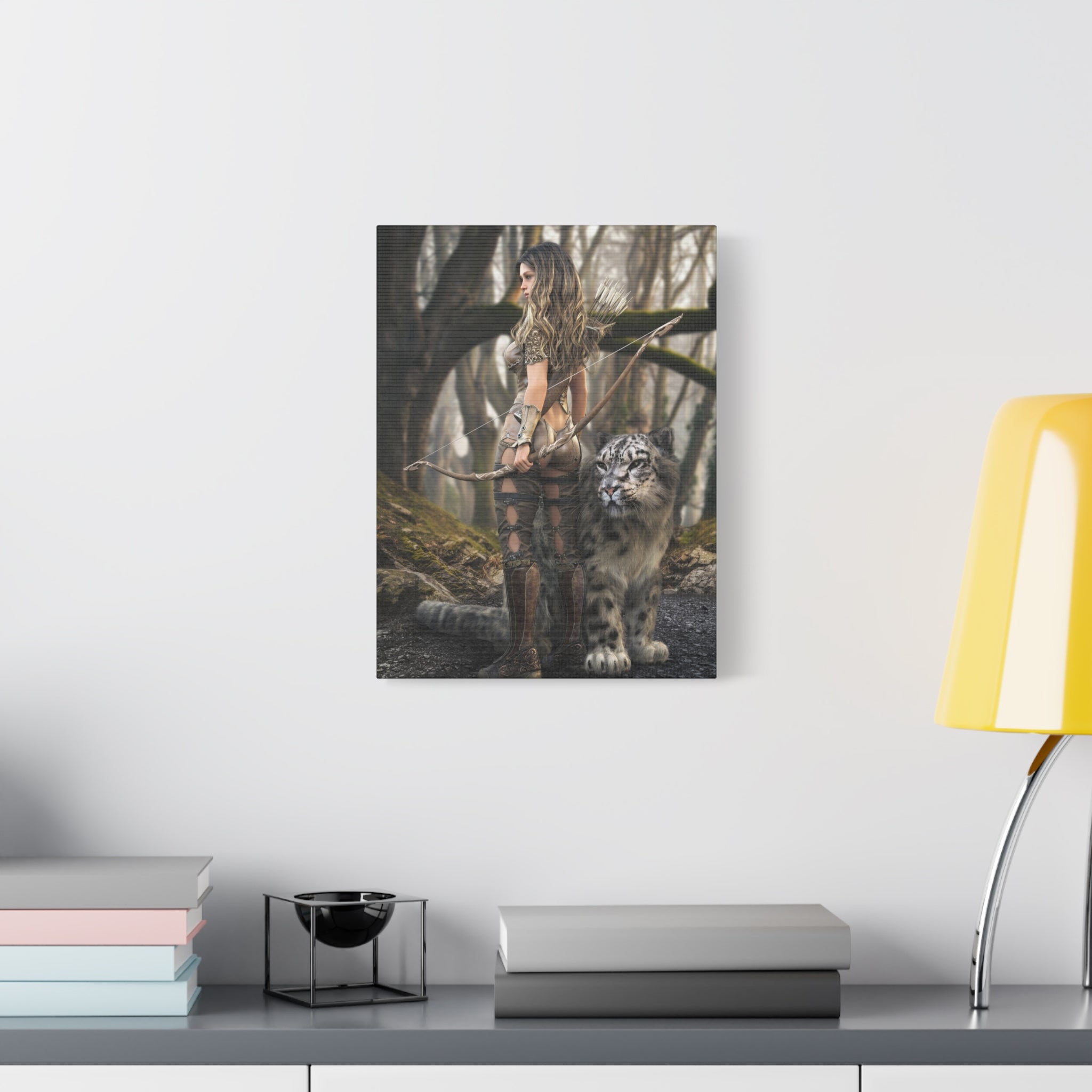 Fantasy Archer Warrior with  Leopard - Matte Stretched Canvas Wall Art - No ai - human created illustration art displayed in a modern setting.