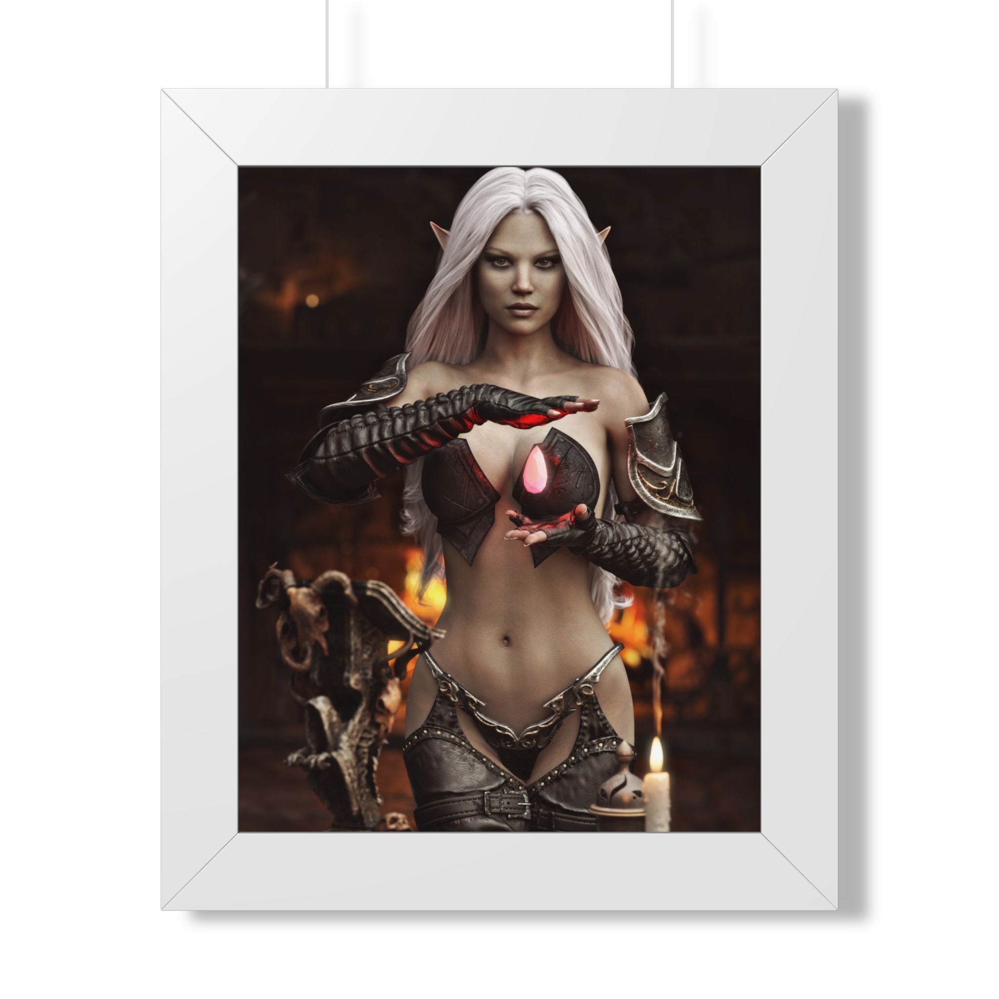 Framed Poster — Dark Fantasy Elf Sorceress with Glowing Orb- NO AI - Human made illustration