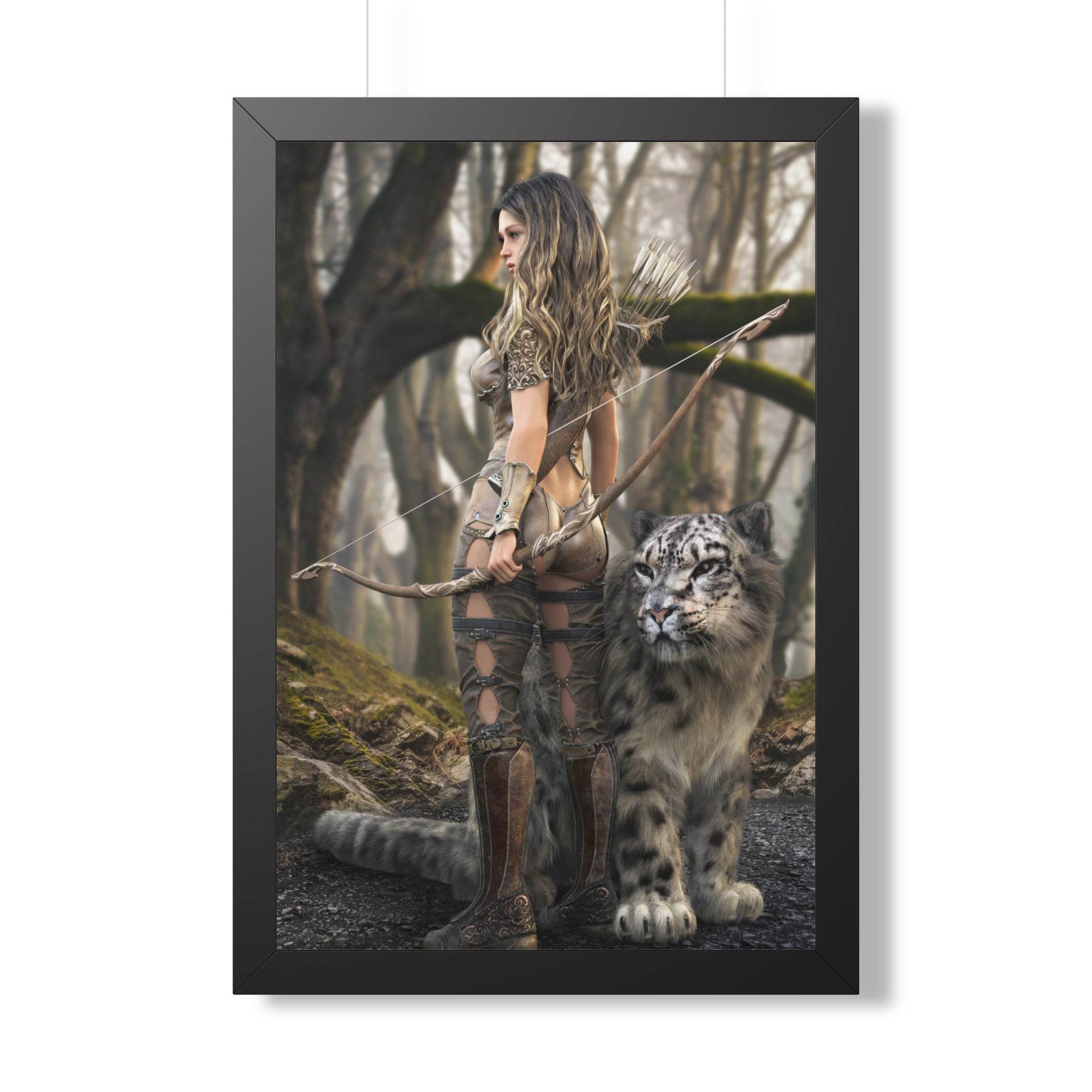 Framed Poster — Forest Huntress with Leopard Fantasy Art