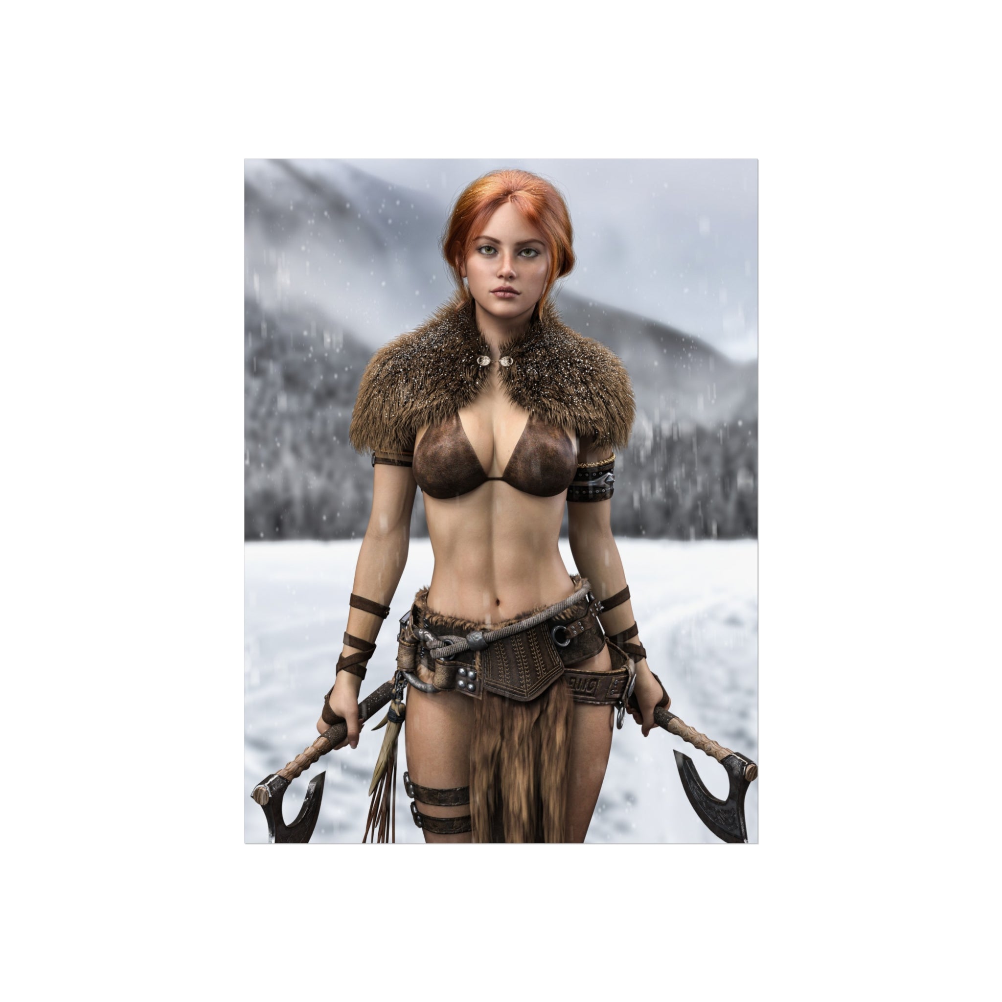 Viking Warrior Woman Fine Art Poster — Red-Haired Norse Axe Fighter Print- No AI- Human created illustration art