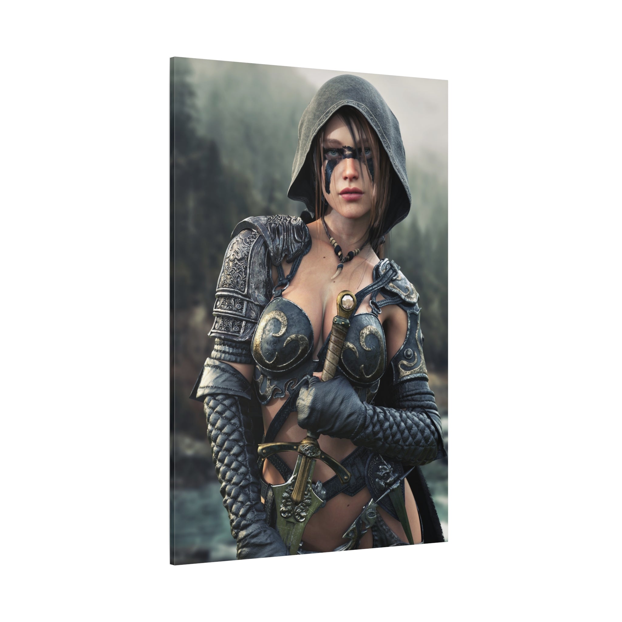Fantasy ranger wall art featuring a hooded female warrior with face paint, ornate armor, and sword against a misty forest backdrop for fantasy decor.
