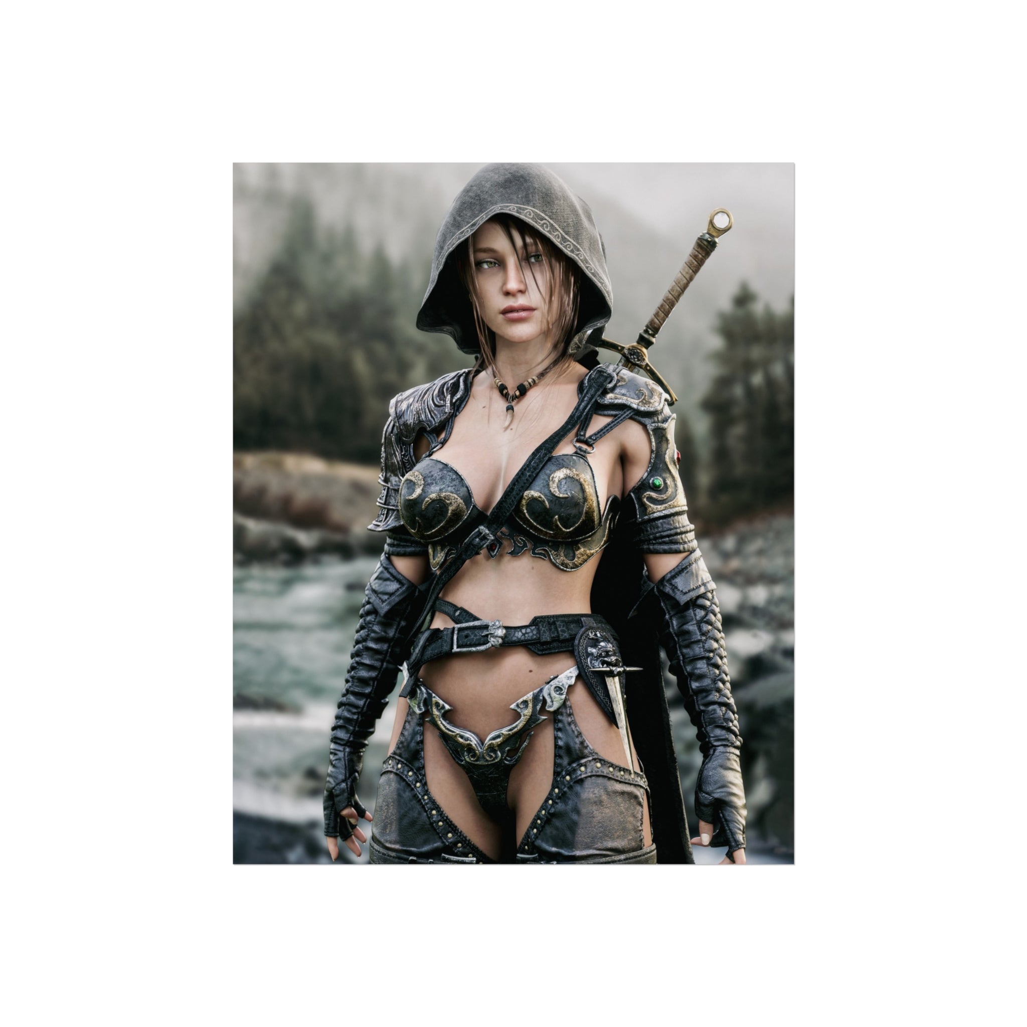 Fantasy Warrior Fine Art Poster — Hooded Female Swordfighter Print - No AI- Human created illustration art