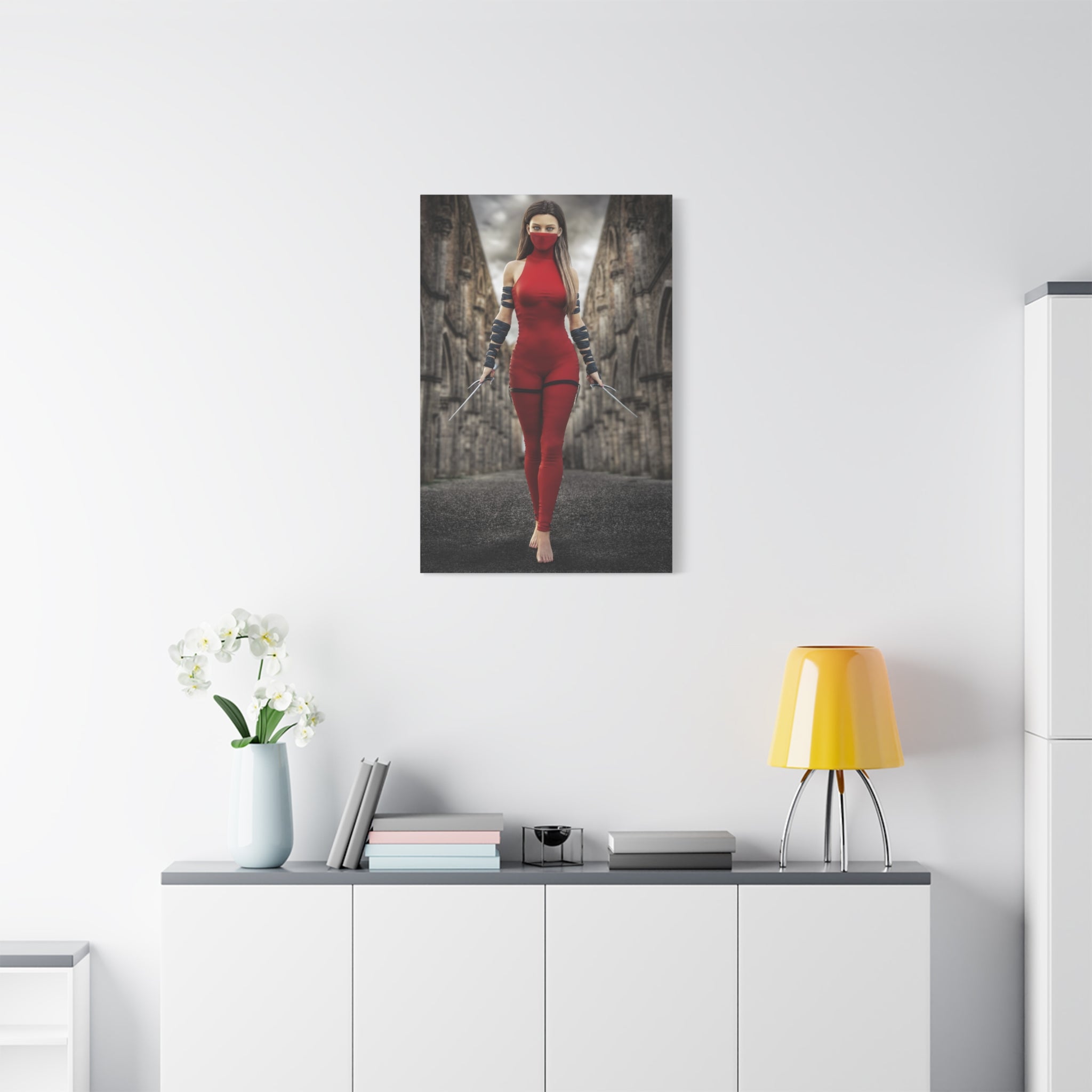 Red Assassin Canvas Wall Art | Fantasy Female Rogue & Ninja Artwork