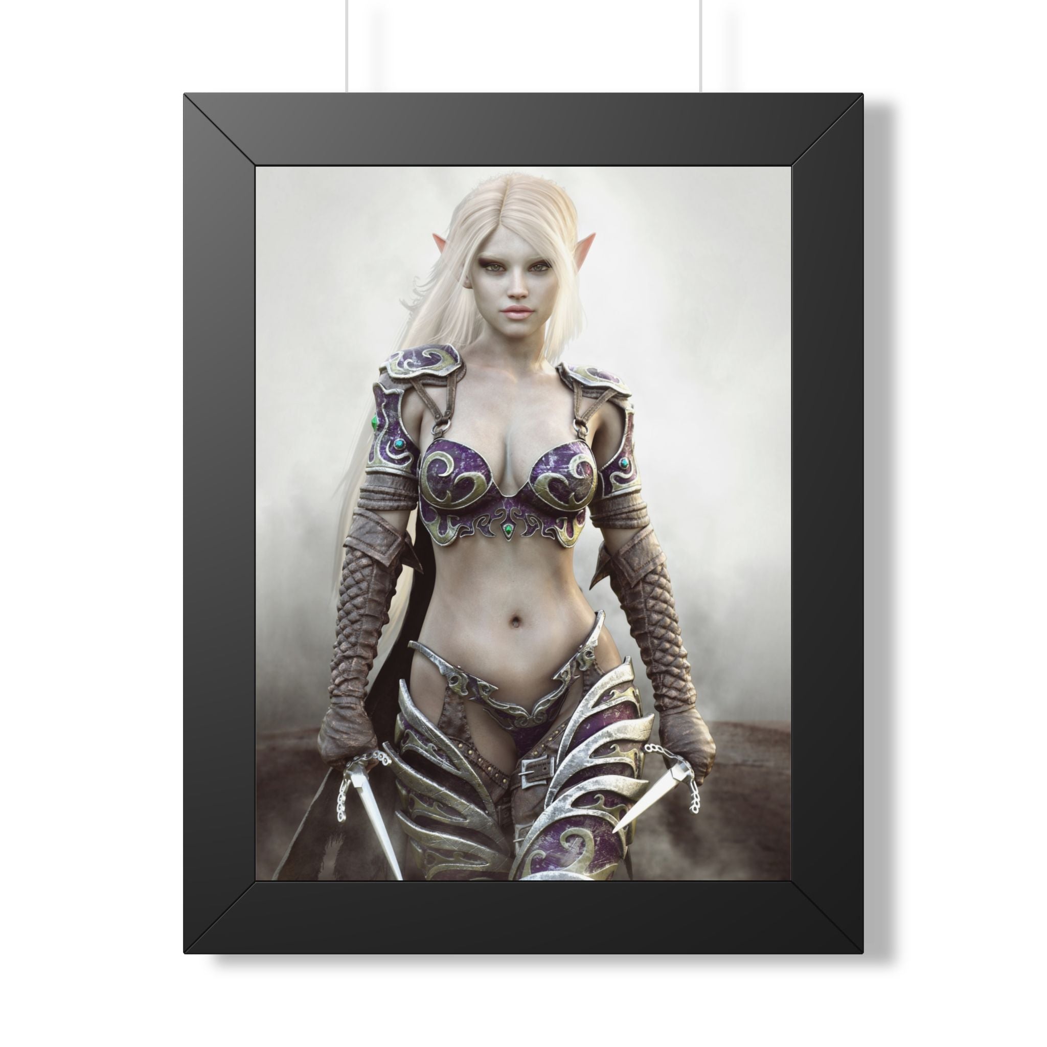Framed Poster — Fantasy Dark Elf Elven Warrior Art Print - No AI- Human created illustration art