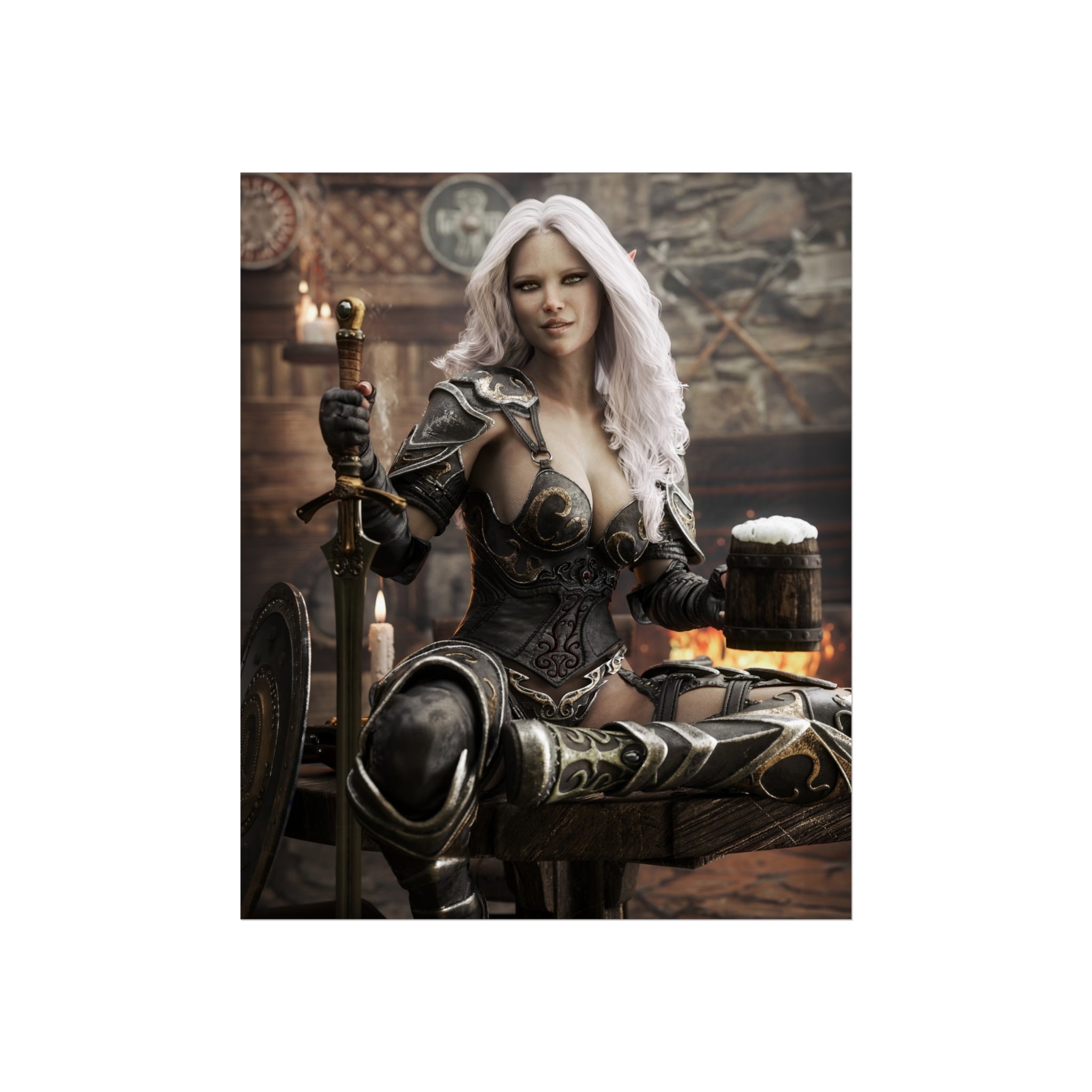 Fantasy Warrior Woman Fine Art Poster — Armored Dark elf Tavern Scene- No AI- Human created illustraion