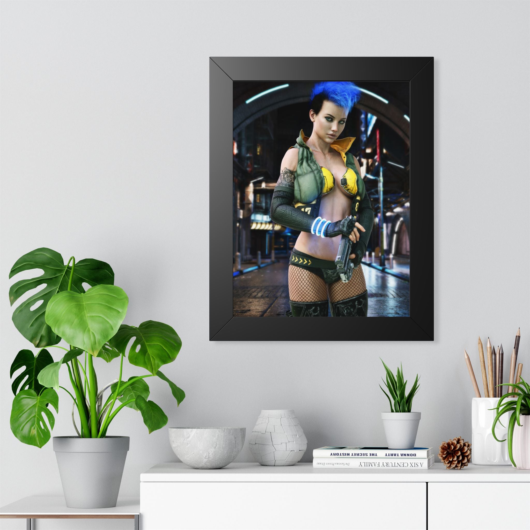 Cyberpunk Bounty Hunter Framed Poster — Futuristic Sci‑Fi Wall Art- No AI- Human created illustration art