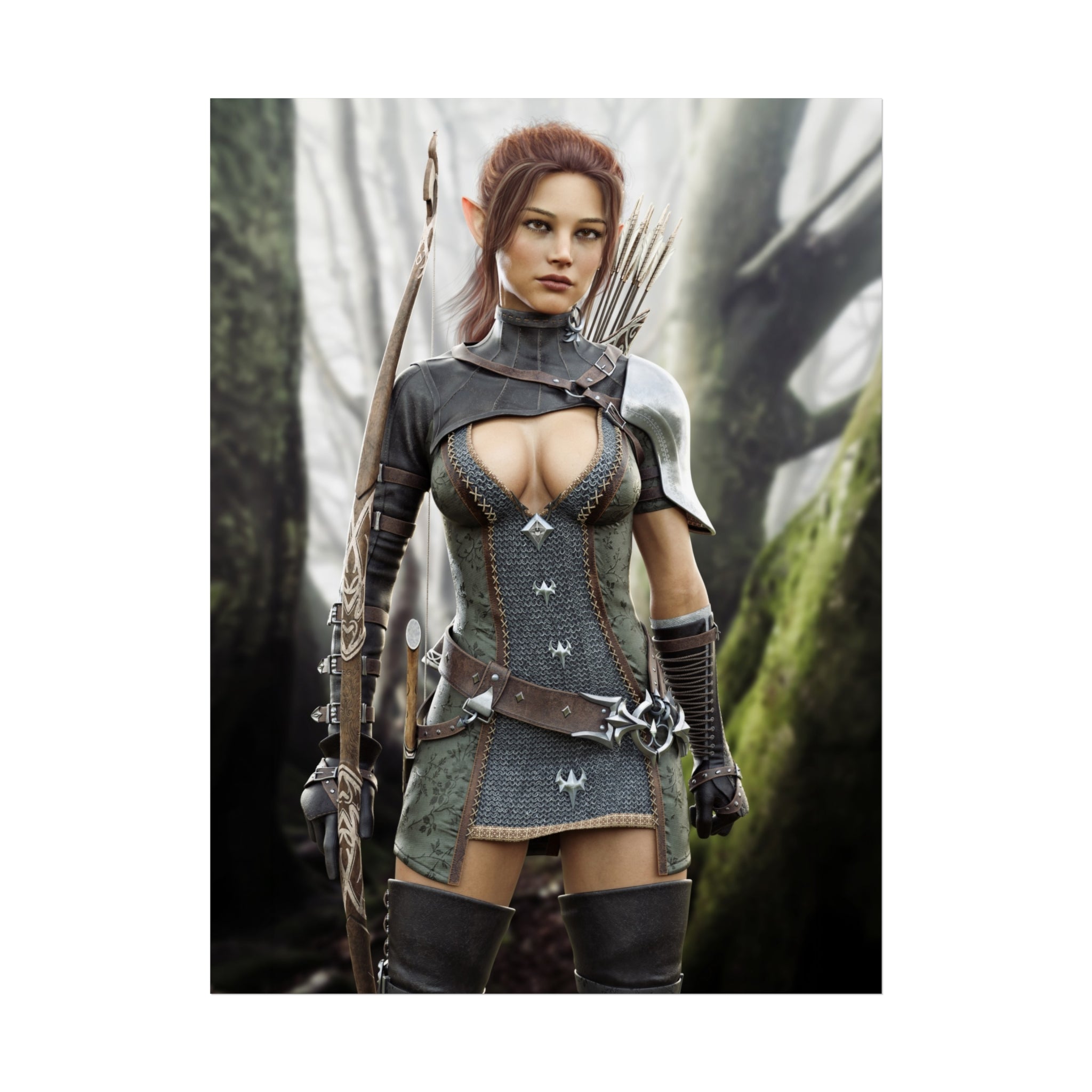 Fantasy Wood Elf Archer Warrior Fine Art Poster — Female Ranger Wall Art- No AI- Human created illustration art