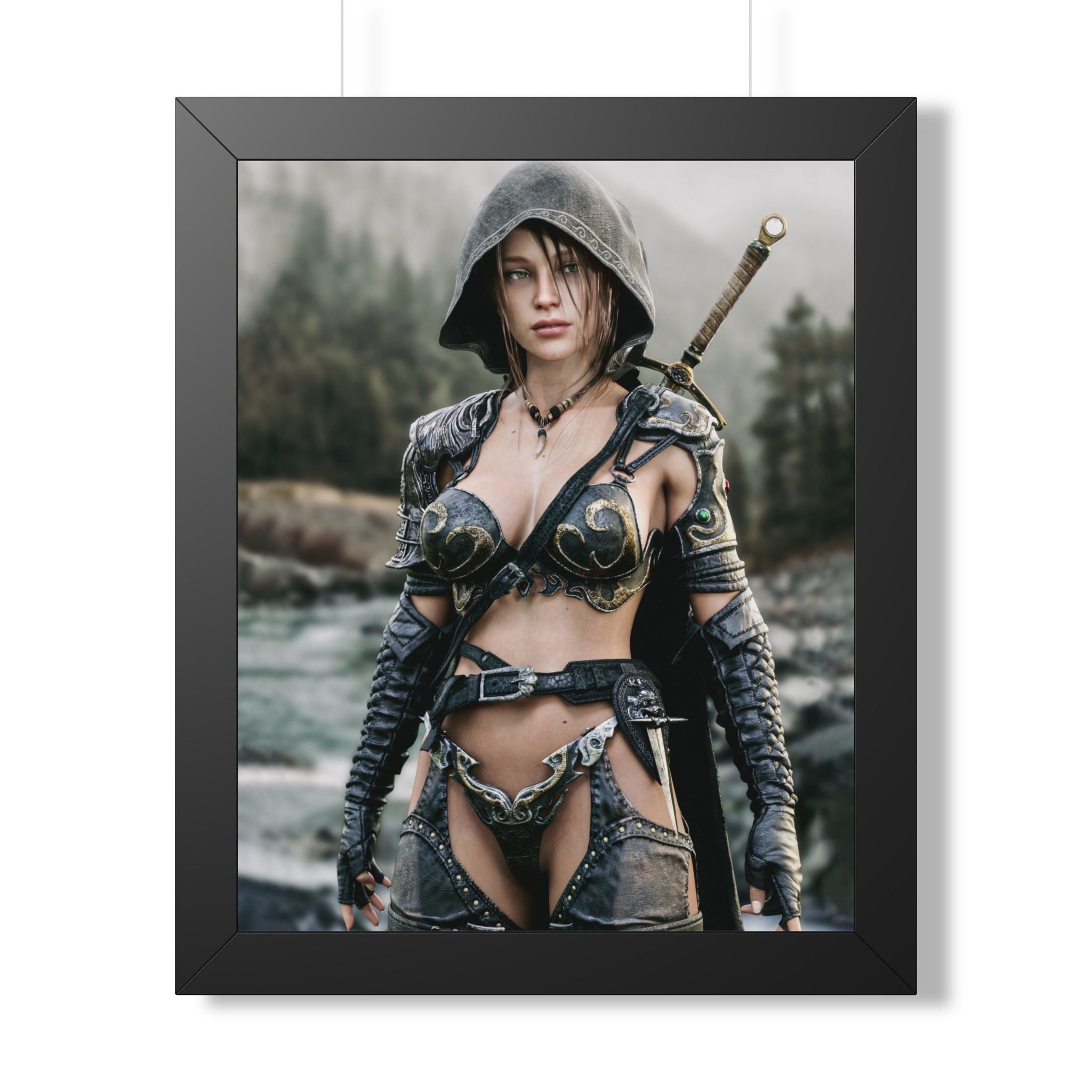 Framed Poster - Fantasy Female Ranger Warrior Art (Vertical) - No AI- Human created illustration art
