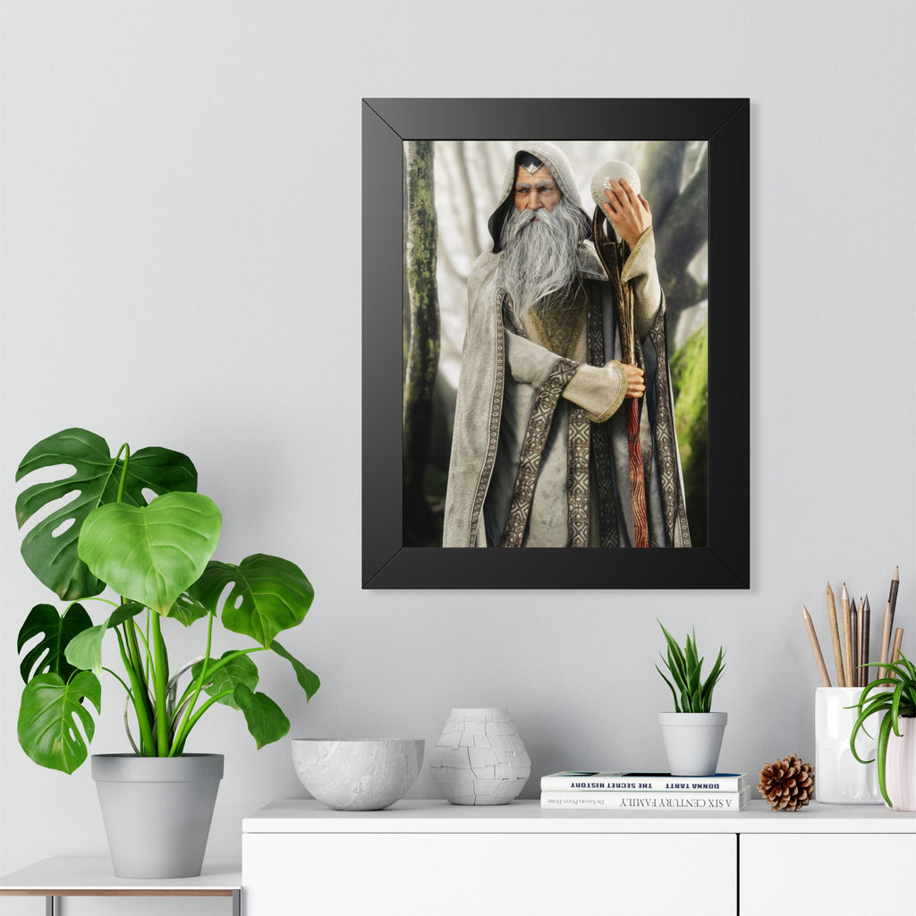 Framed Poster — Wise Wizard with Staff Fantasy Art- No ai - Human created illustration art