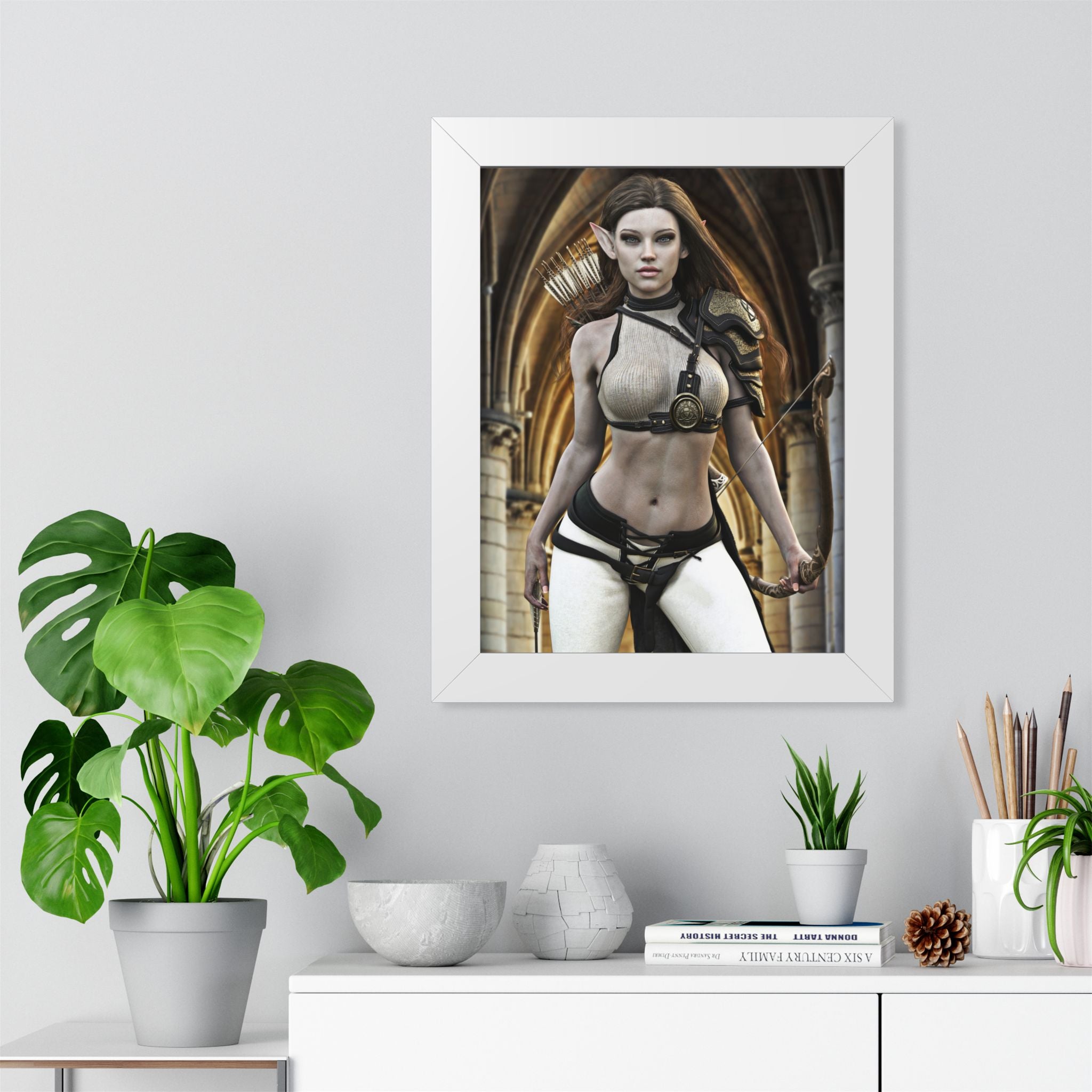 Fantasy Archer Woman Framed Poster — Elven Warrior Vertical Wall Art- No AI - Human created illustration art