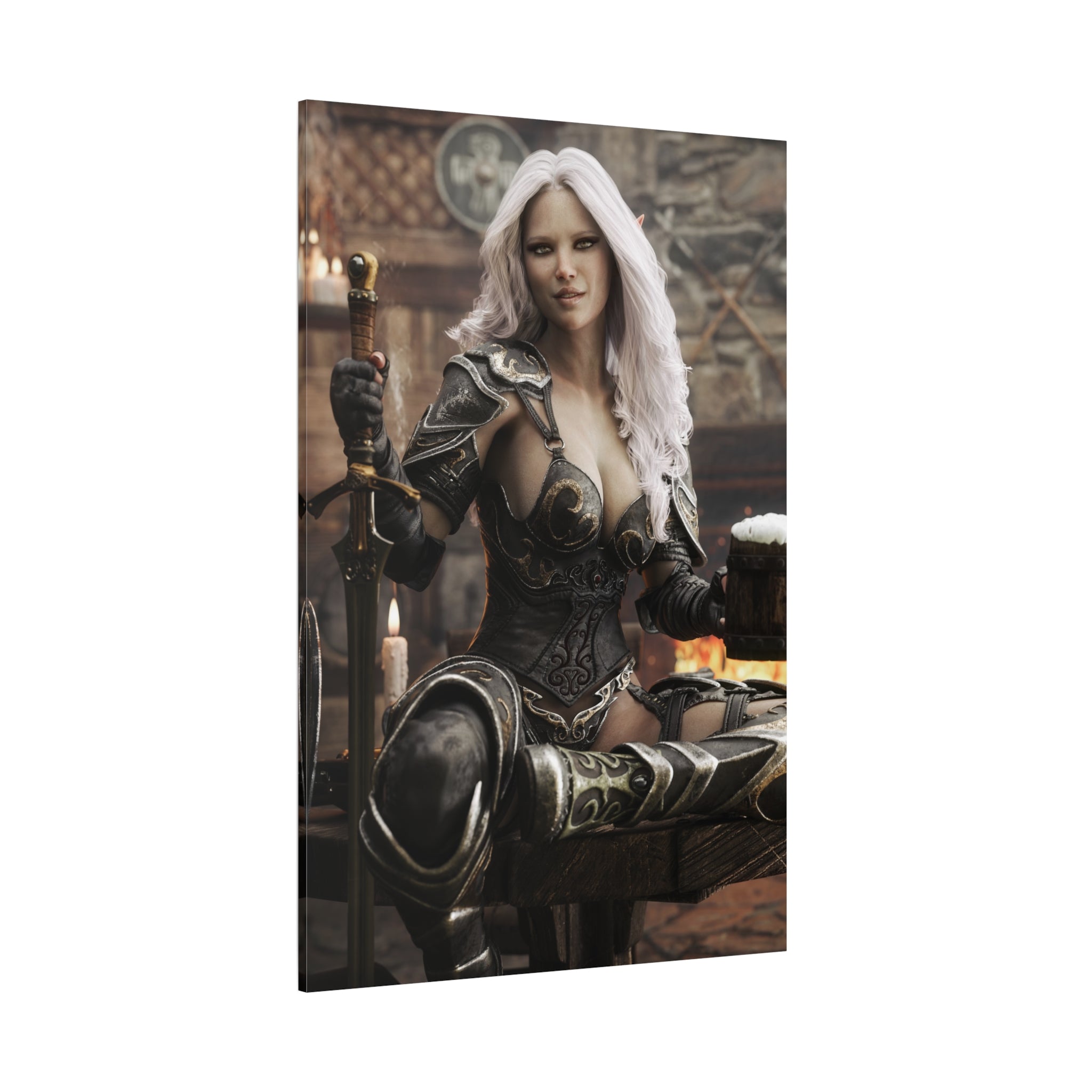 Fantasy Warrior Woman Canvas Print — Armored Dark elf in Tavern Portrait-No AI- Human created illustration art