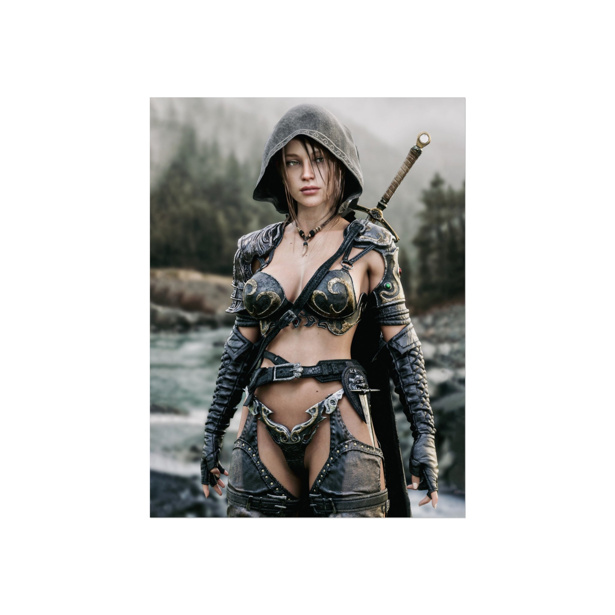 Fantasy Warrior Fine Art Poster — Hooded Female Swordfighter Print - No AI- Human created illustration art