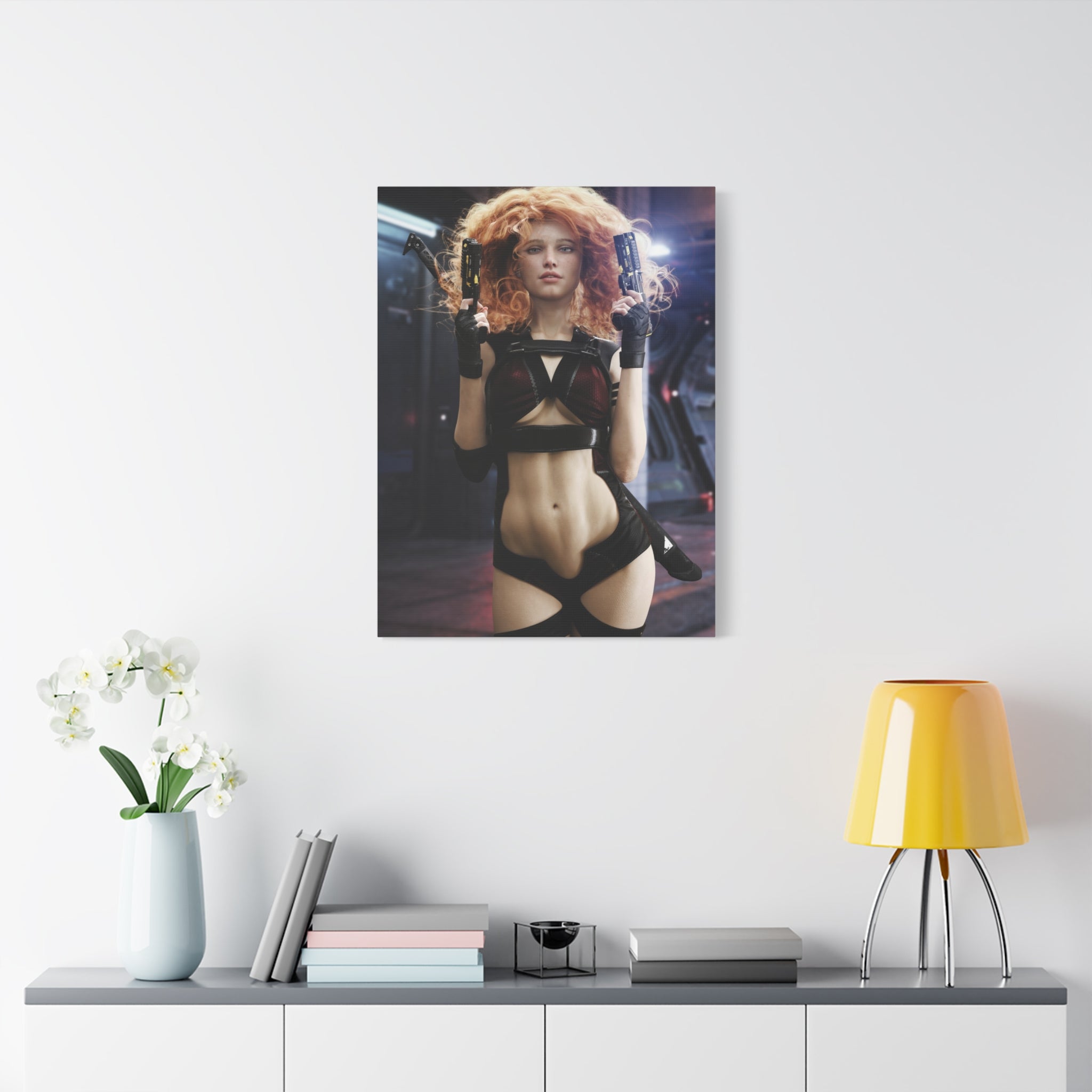 Sci‑Fi Femme Fatale Canvas Print — Red‑Haired Space Gunslinger Matte Stretched- No AI - Human created illustration art