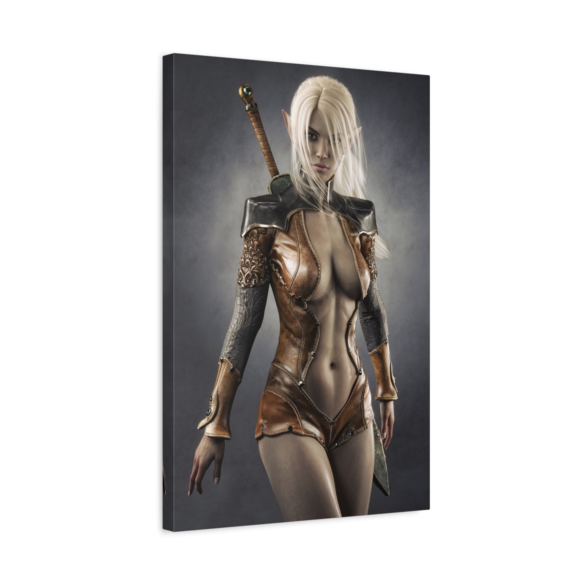 Fantasy Warrior Elf Canvas Print — Sexy Female Swordfighter Matte Stretched Art- No AI- Human created illuration art