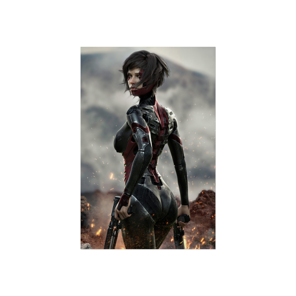 Sci-fi wall art featuring a cybernetic female assassin in advanced armor, dual pistols in hand, standing amid sparks and a futuristic battlefield.