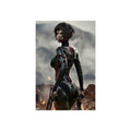 Sci-fi wall art featuring a cybernetic female assassin in advanced armor, dual pistols in hand, standing amid sparks and a futuristic battlefield.