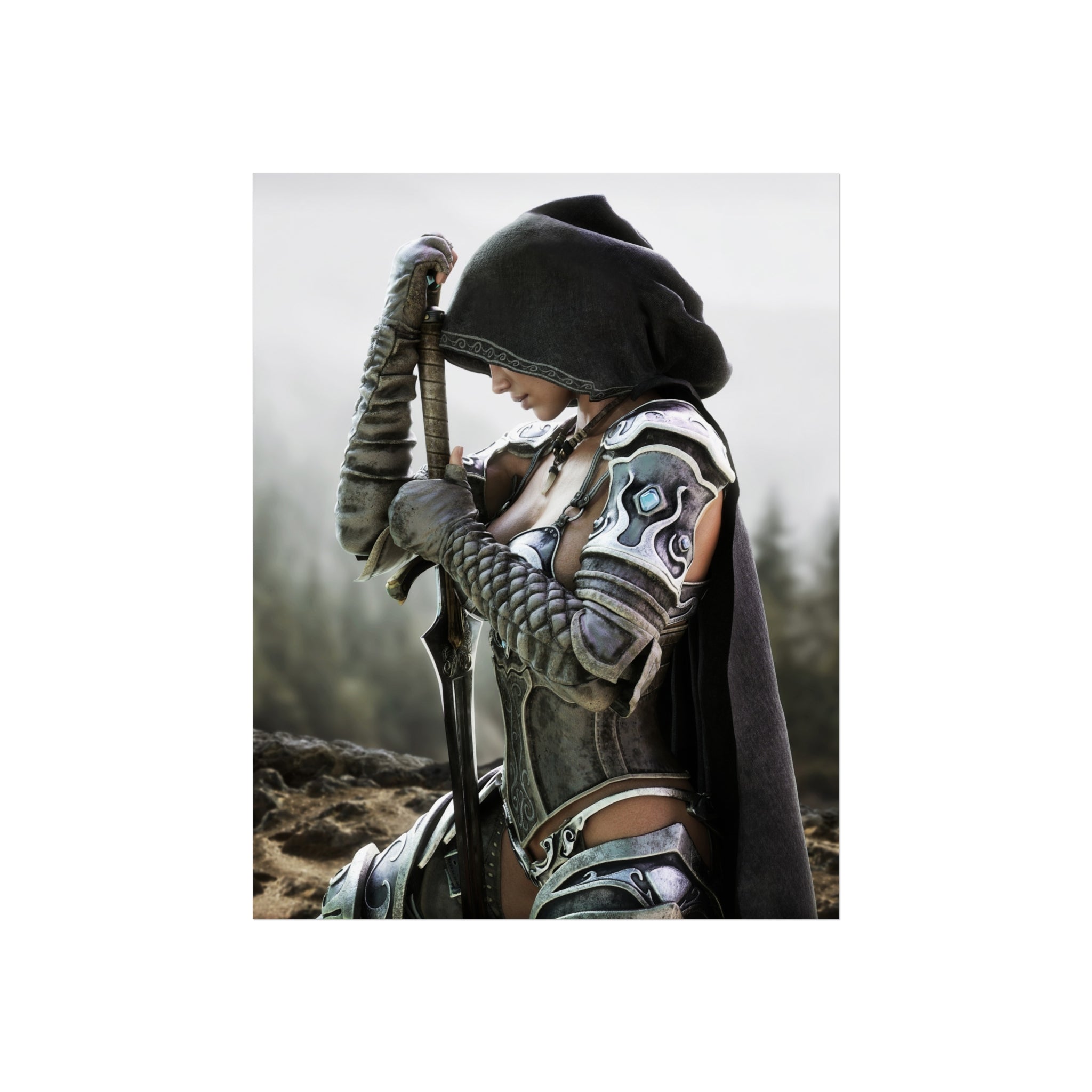 Fantasy Warrior Fine Art Poster — Hooded Female Knight Sword Wall Art - No AI- Human created illustration art