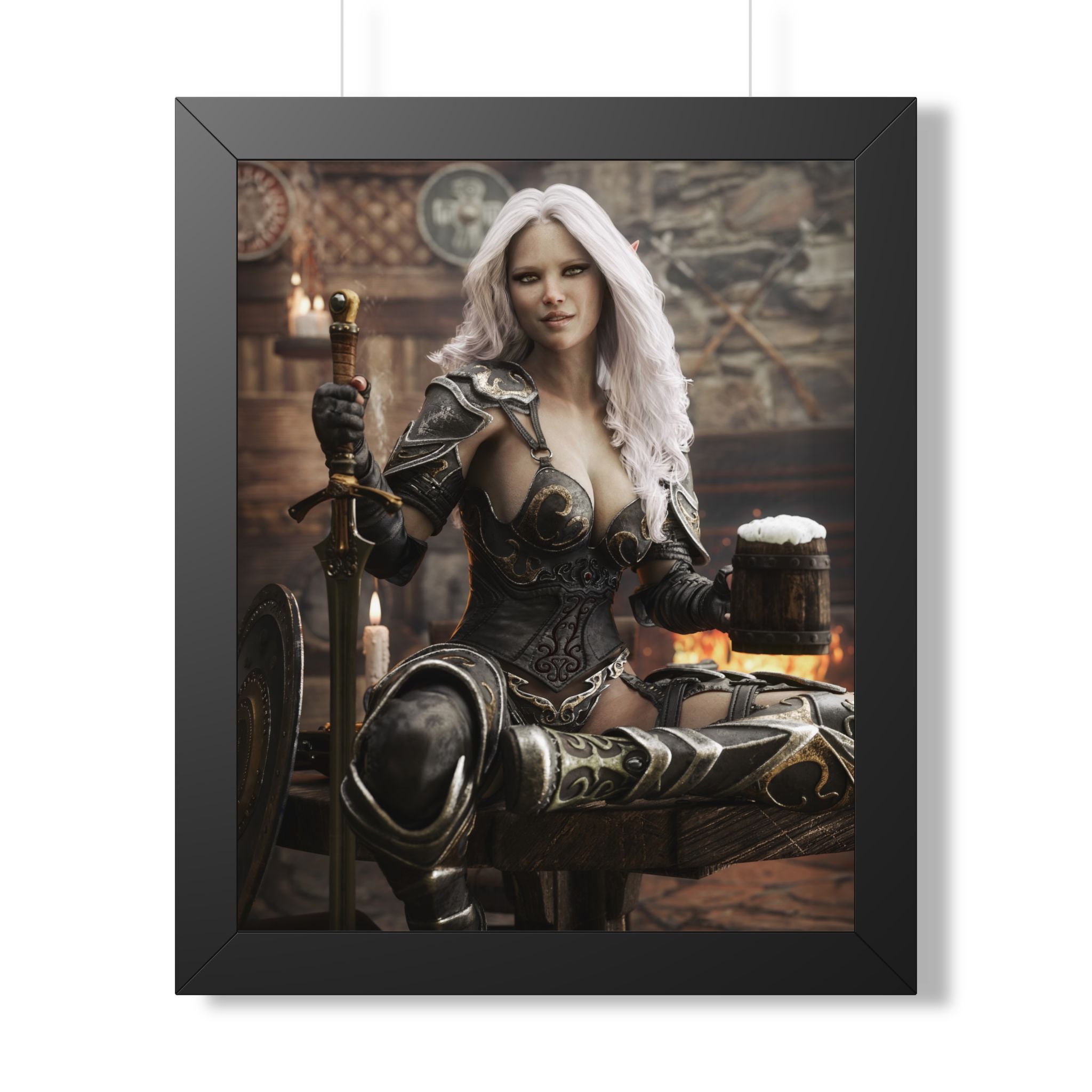 Fantasy Warrior Woman Framed Poster — Medieval Armor in Tavern Art Print- No AI- Human created illustration art