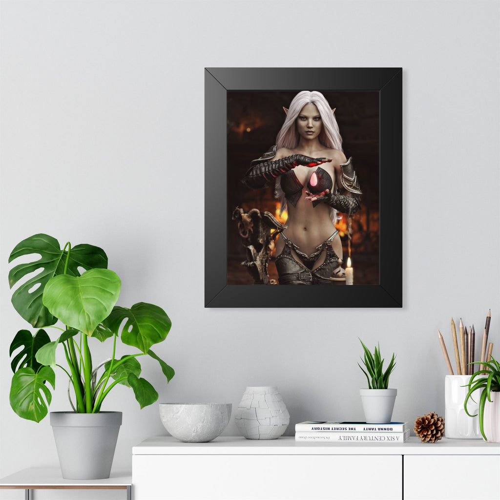 Framed Poster — Dark Fantasy Elf Sorceress with Glowing Orb- NO AI - Human made illustration