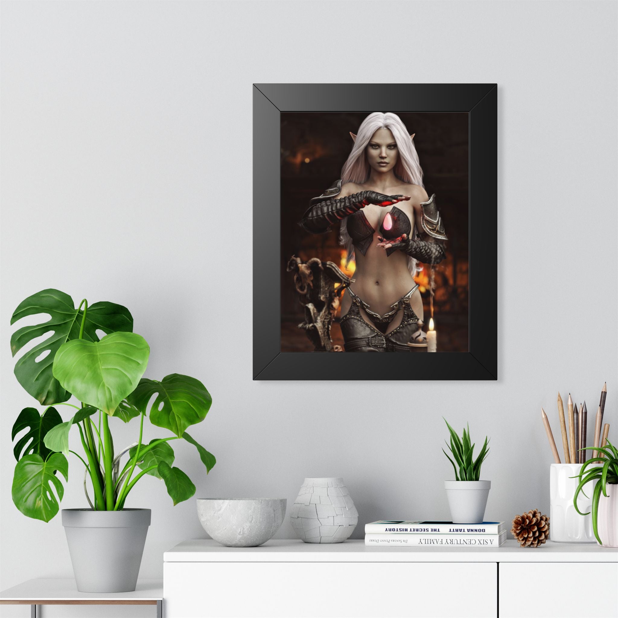 Framed Poster — Dark Fantasy Elf Sorceress with Glowing Orb- NO AI - Human made illustration