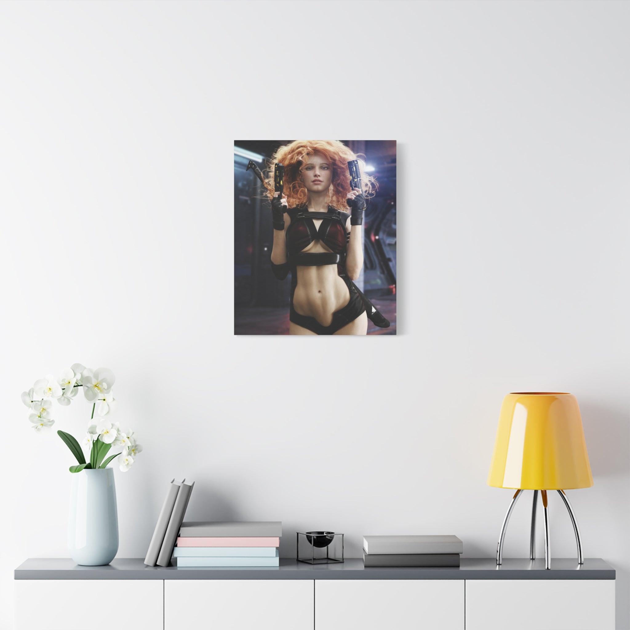 Sci‑Fi Femme Fatale Canvas Print — Red‑Haired Space Gunslinger Matte Stretched- No AI - Human created illustration art