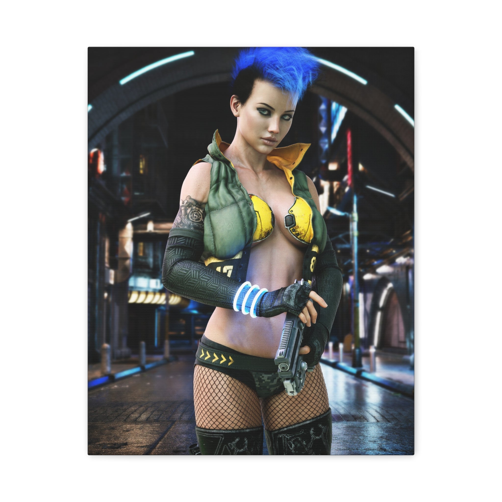 Cyberpunk Femme Fatale Canvas Print — Matte Stretched Wall Art -No AI- Human created illustration art