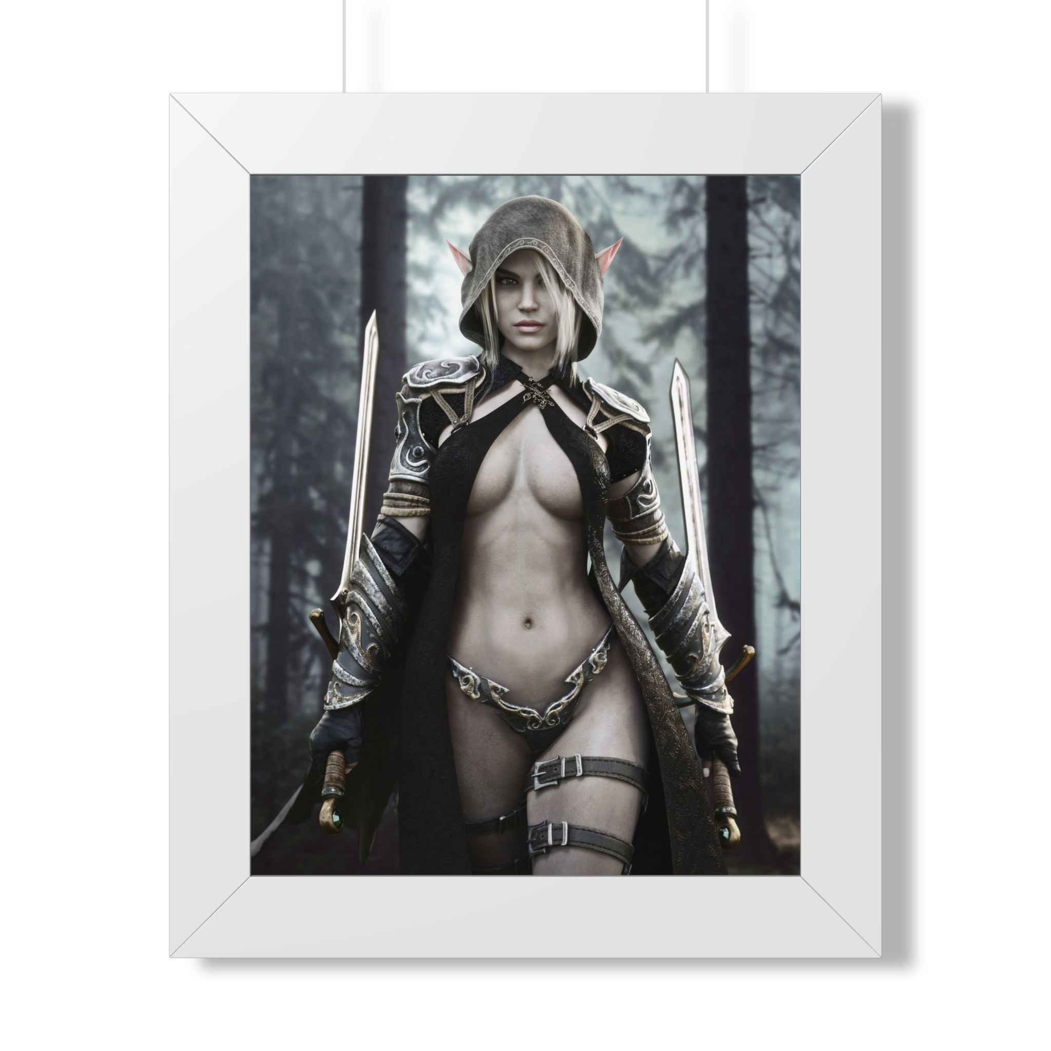 Fantasy Assassin Framed Poster — Female Warrior Hooded Rogue Art- No AI - Human created illustration art